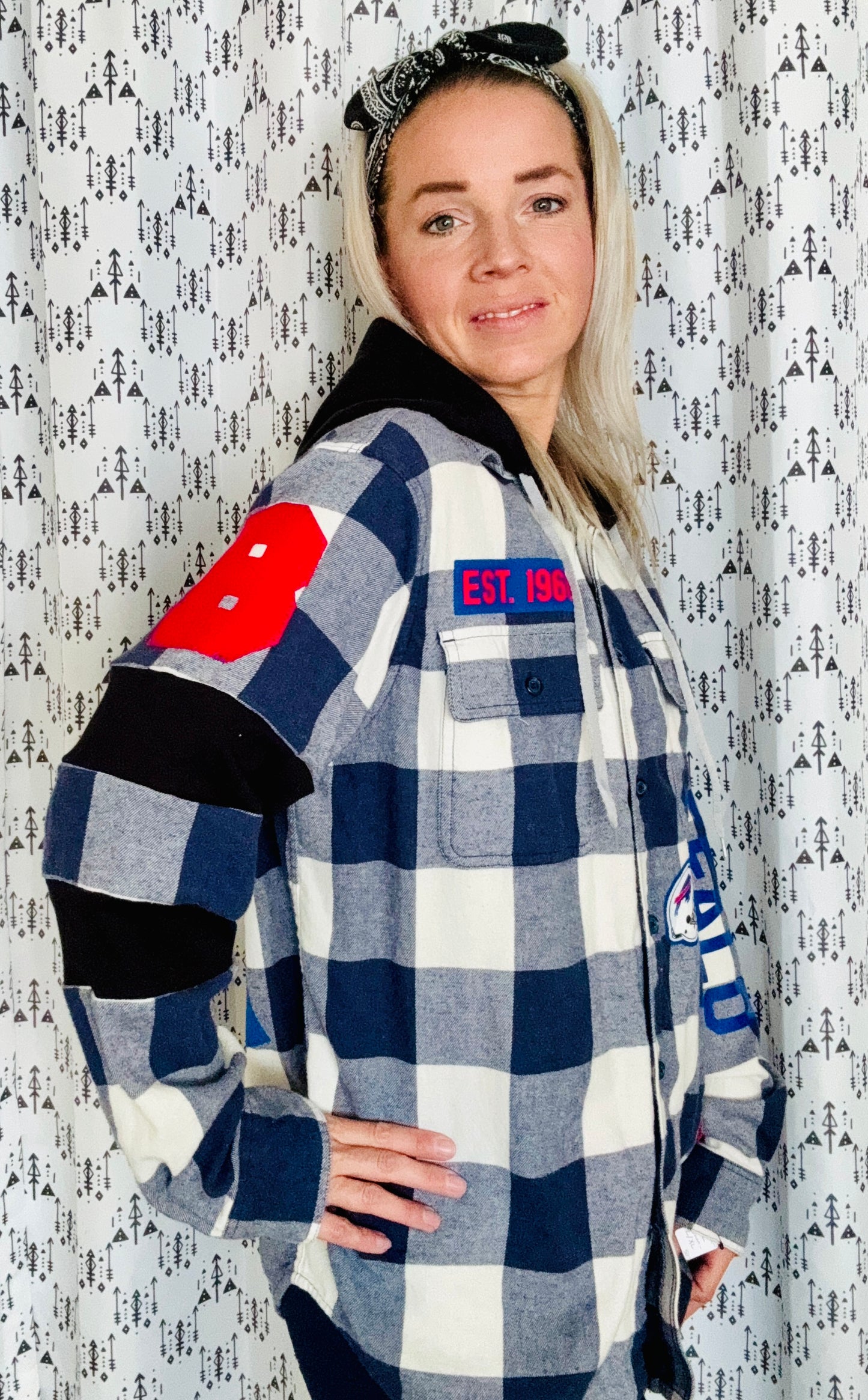 Blue & White Plaid Hooded Buffalo Football Button Down Size- Unisex M/L