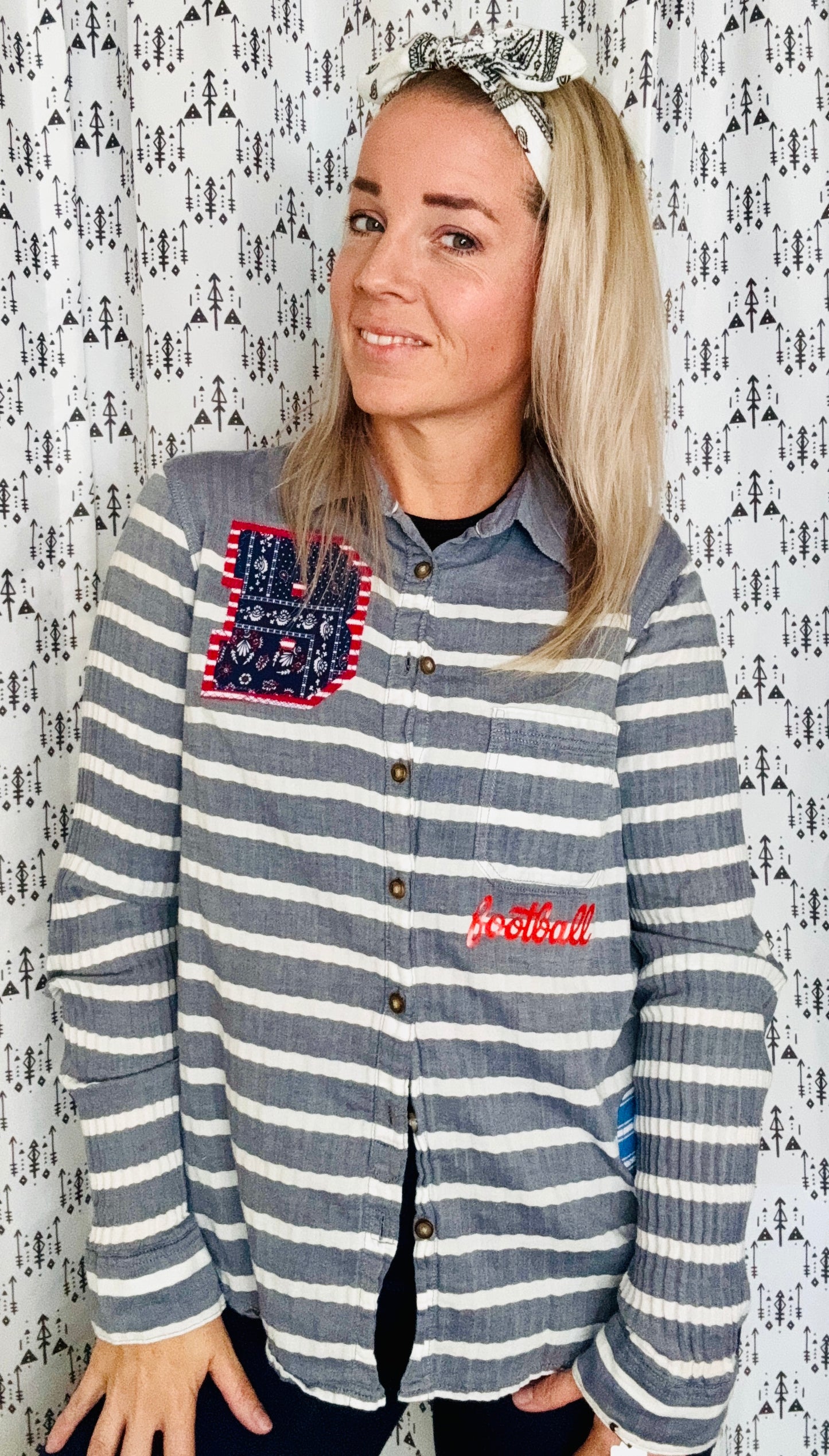 Denim Striped Buffalo Football Button Down Size- Women’s S/M