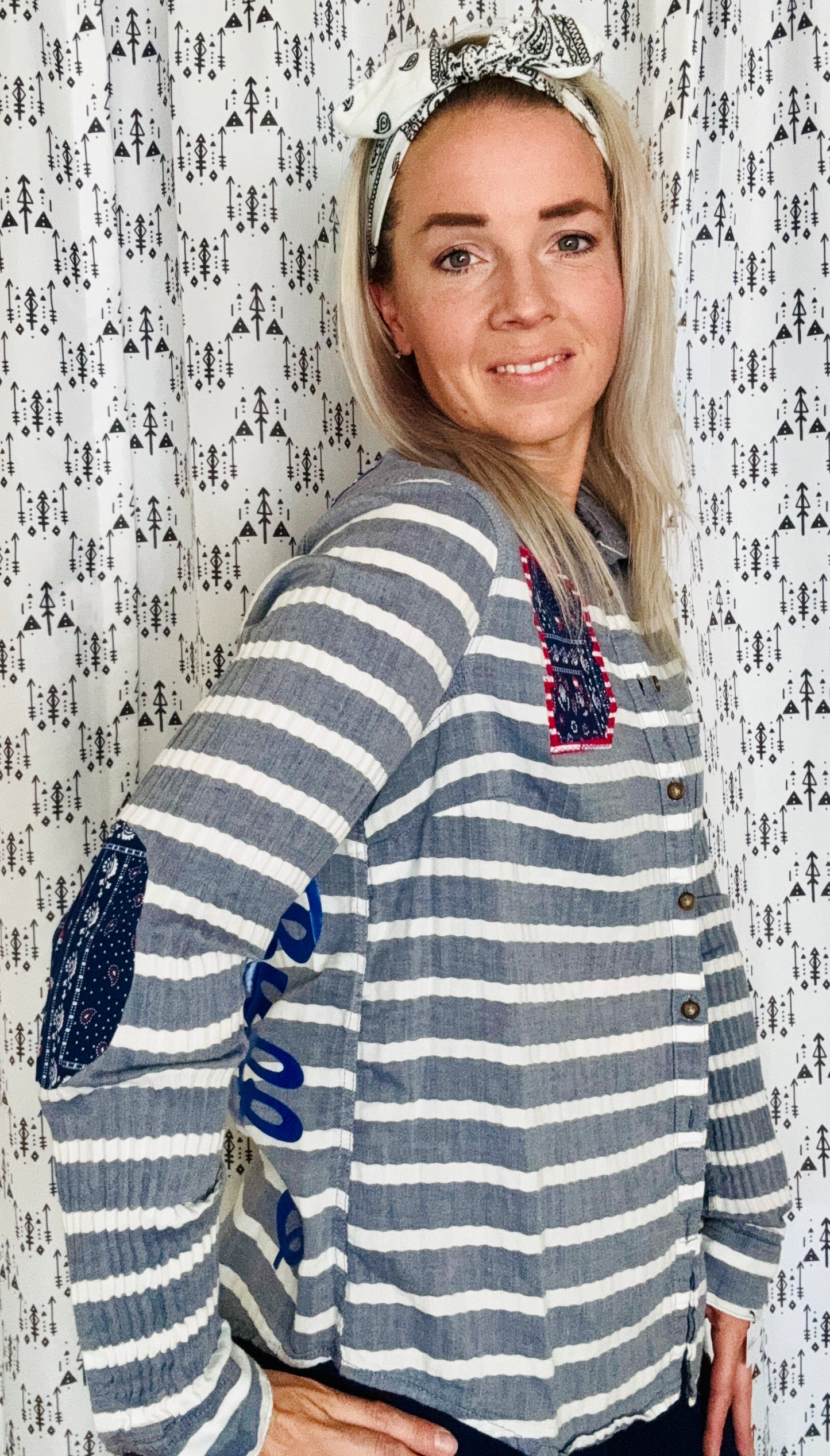 Denim Striped Buffalo Football Button Down Size- Women’s S/M