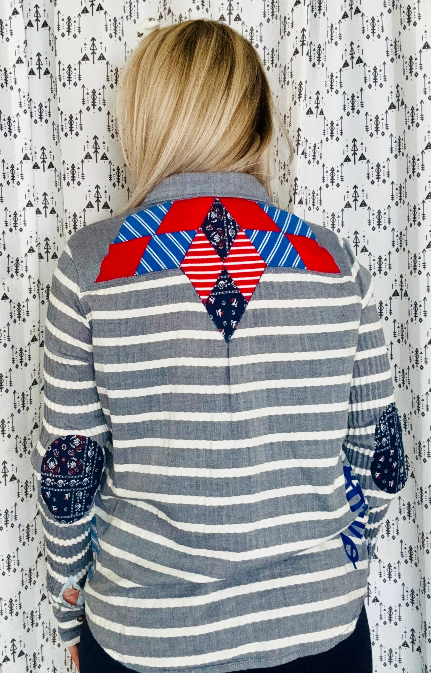 Denim Striped Buffalo Football Button Down Size- Women’s S/M