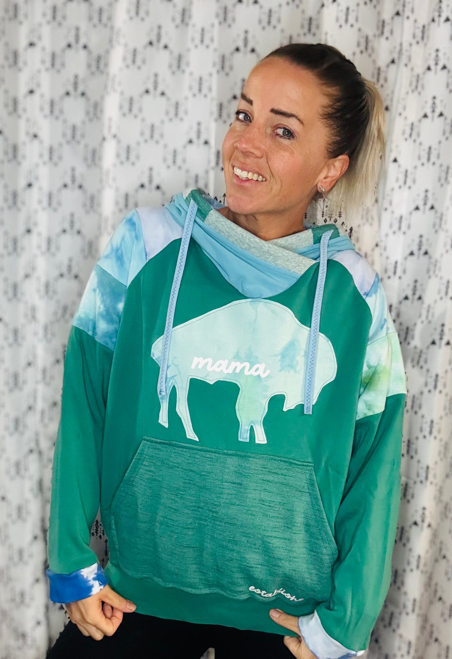 Aqua Tie-Dye Buffalo MAMA Hoodie Women's Size-L/XL