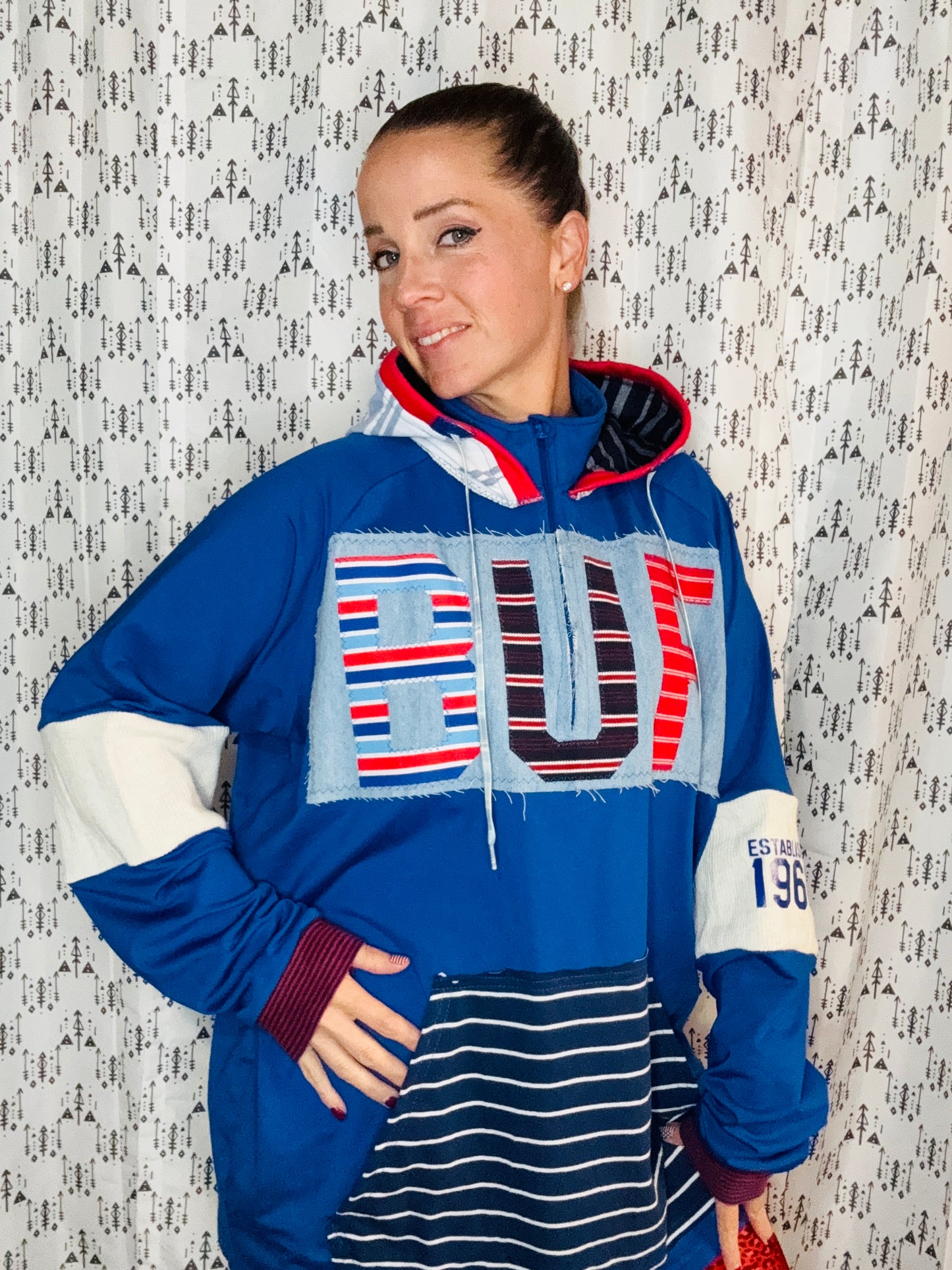 Blue 1/4 Zip Buffalo Hoodie Unisex-L/XL