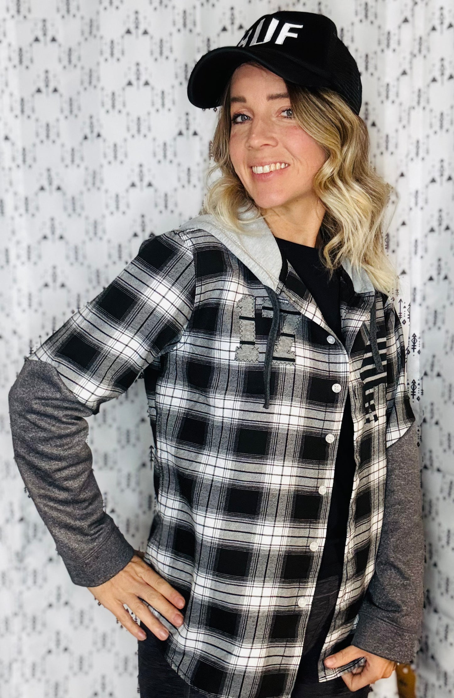 Black Plaid Hooded Buffalo Football Button Down Size- Unisex S/M