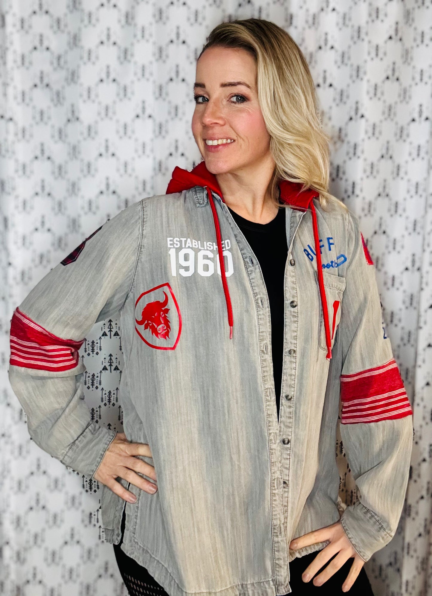 Grey Denim Hooded Buffalo Football Button-Up Size- Women's L/XL