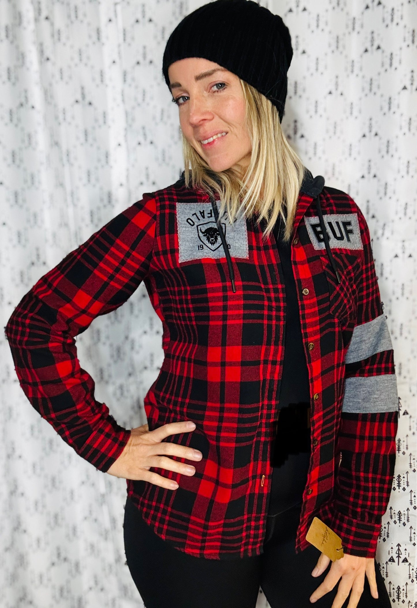Black & Red Flannel Buffalo Football Button Down Size- Women’s S/M