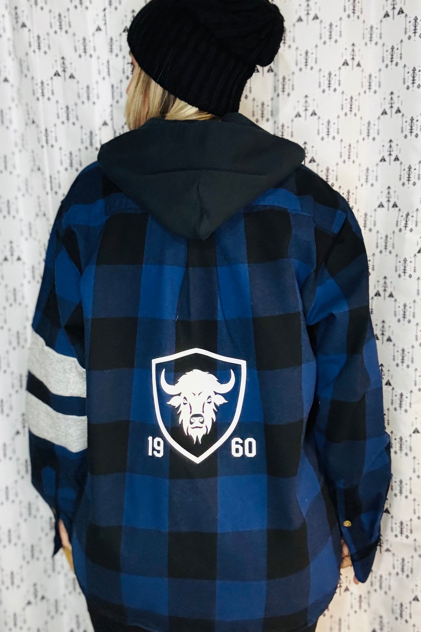 Blue & Black Buffalo Check Football Button-Up Flannel Size- Unisex L/XL