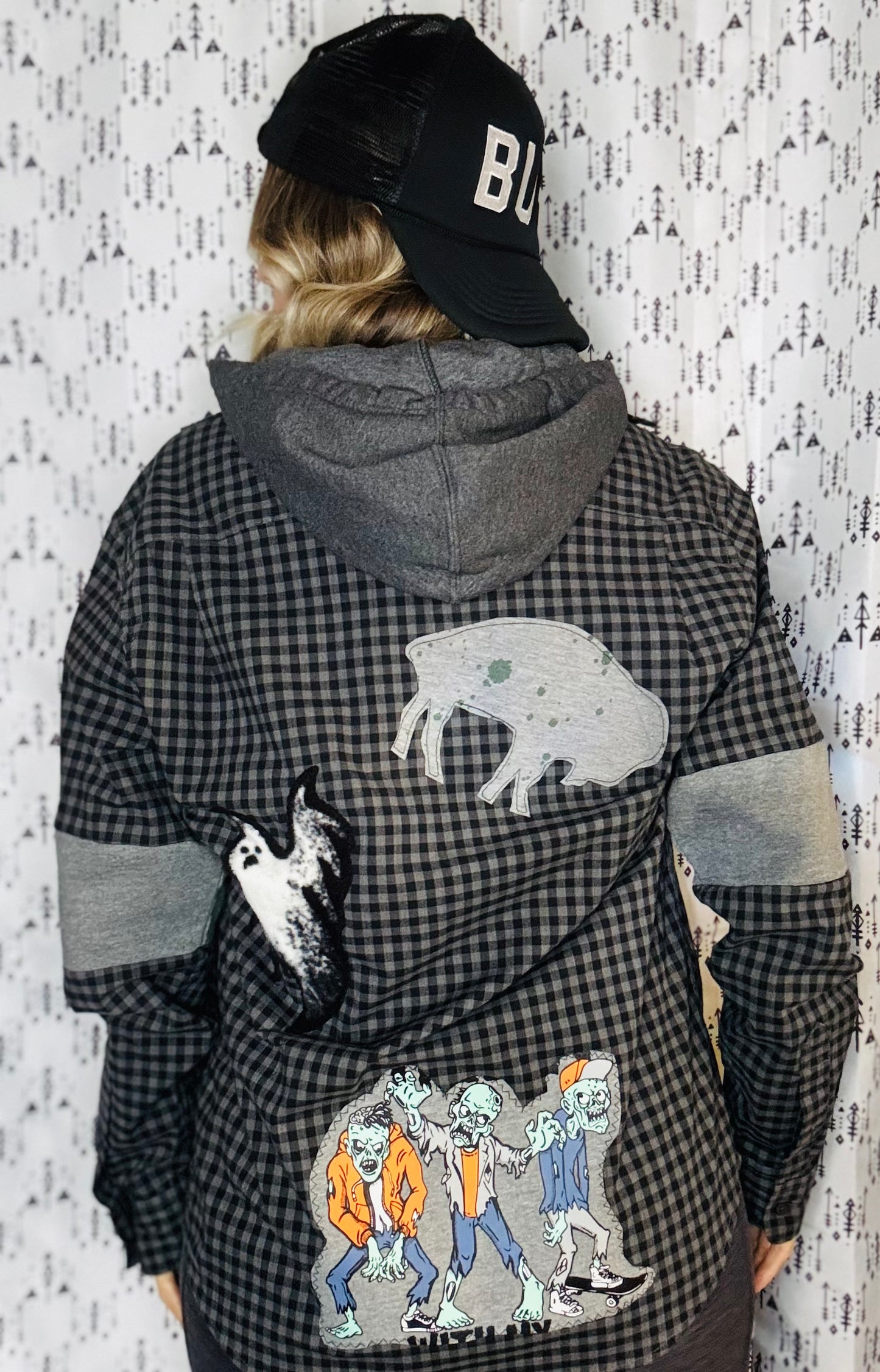 Halloween Meets Buffalo Button-UP Flannel Hoodie Size- Unisex M/L