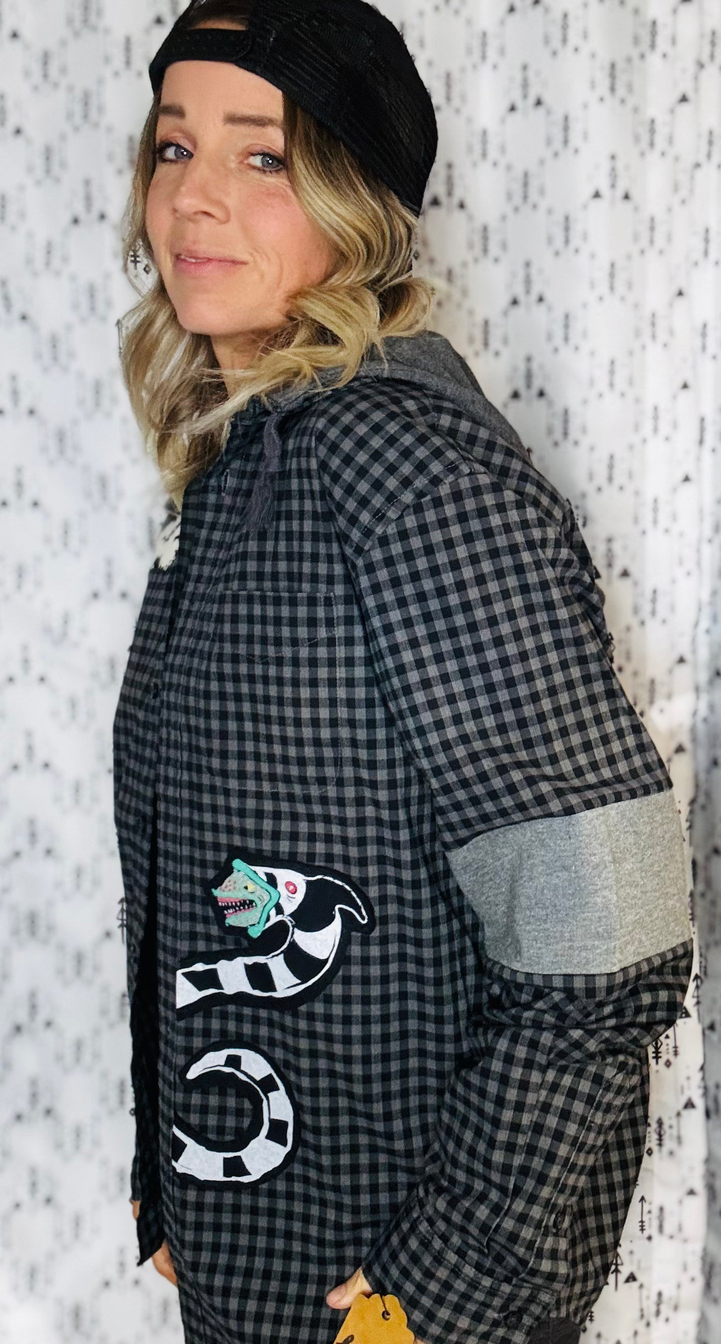 Halloween Meets Buffalo Button-UP Flannel Hoodie Size- Unisex M/L
