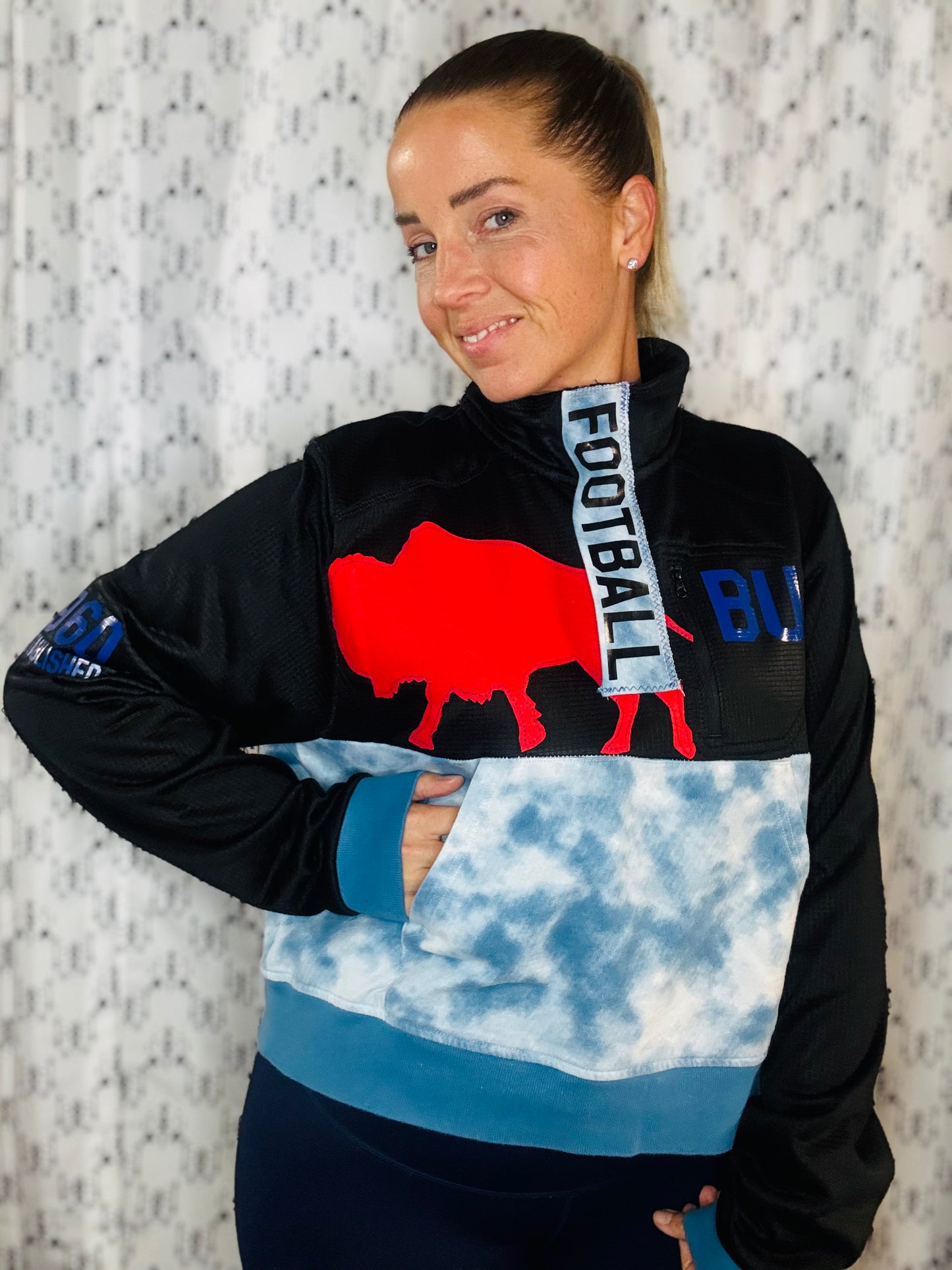 Black & Tie Dye 1/4 Zip Buffalo Football Crop Track Jacket Women's Size-L/XL