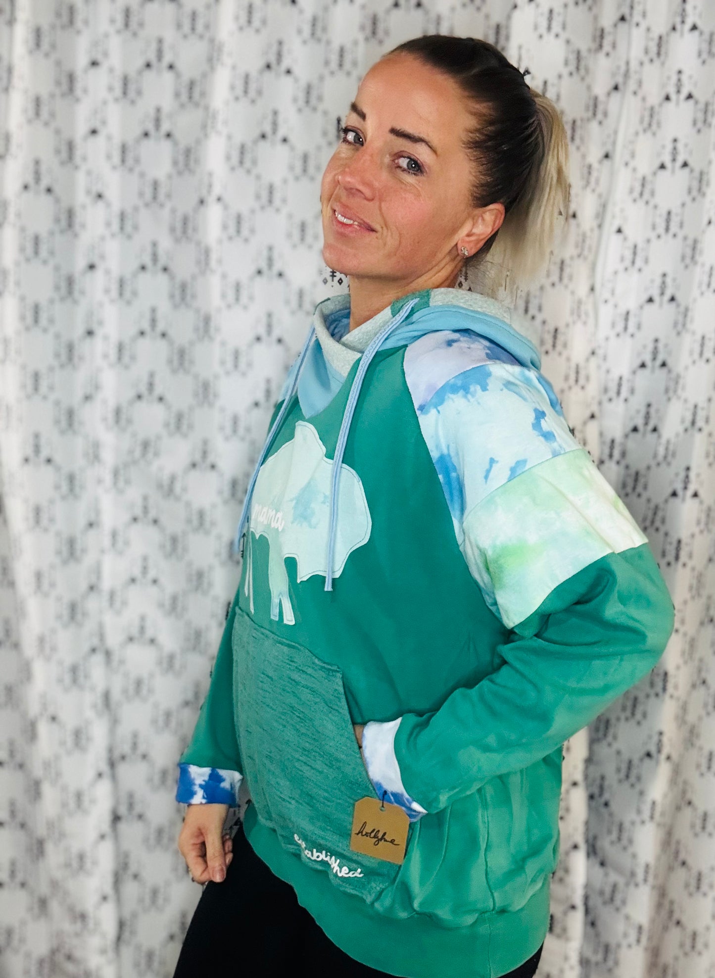 Aqua Tie-Dye Buffalo MAMA Hoodie Women's Size-L/XL