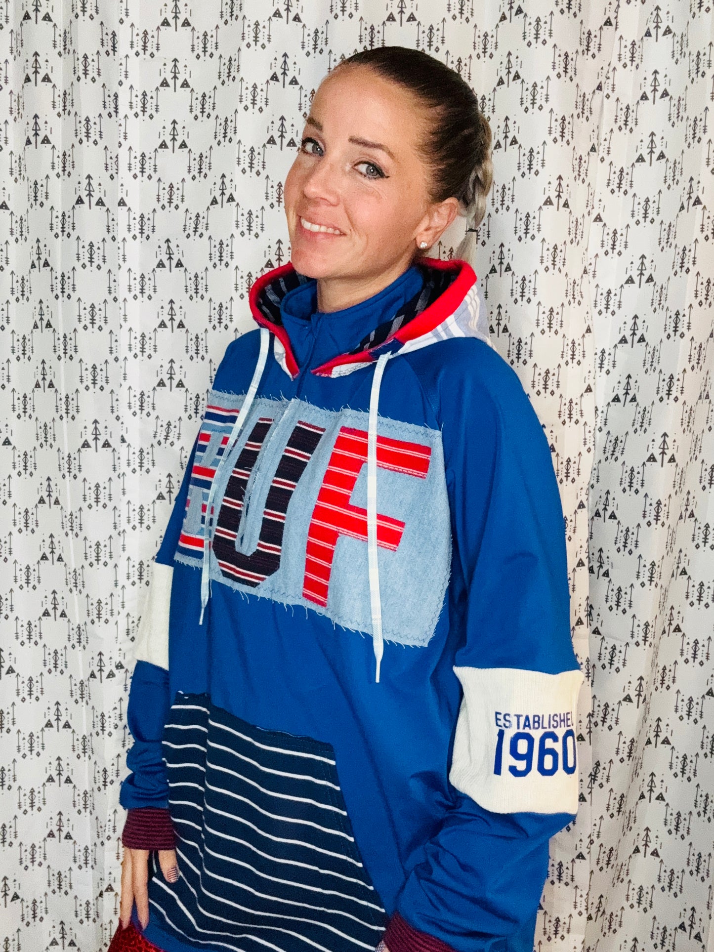 Blue 1/4 Zip Buffalo Hoodie Unisex-L/XL