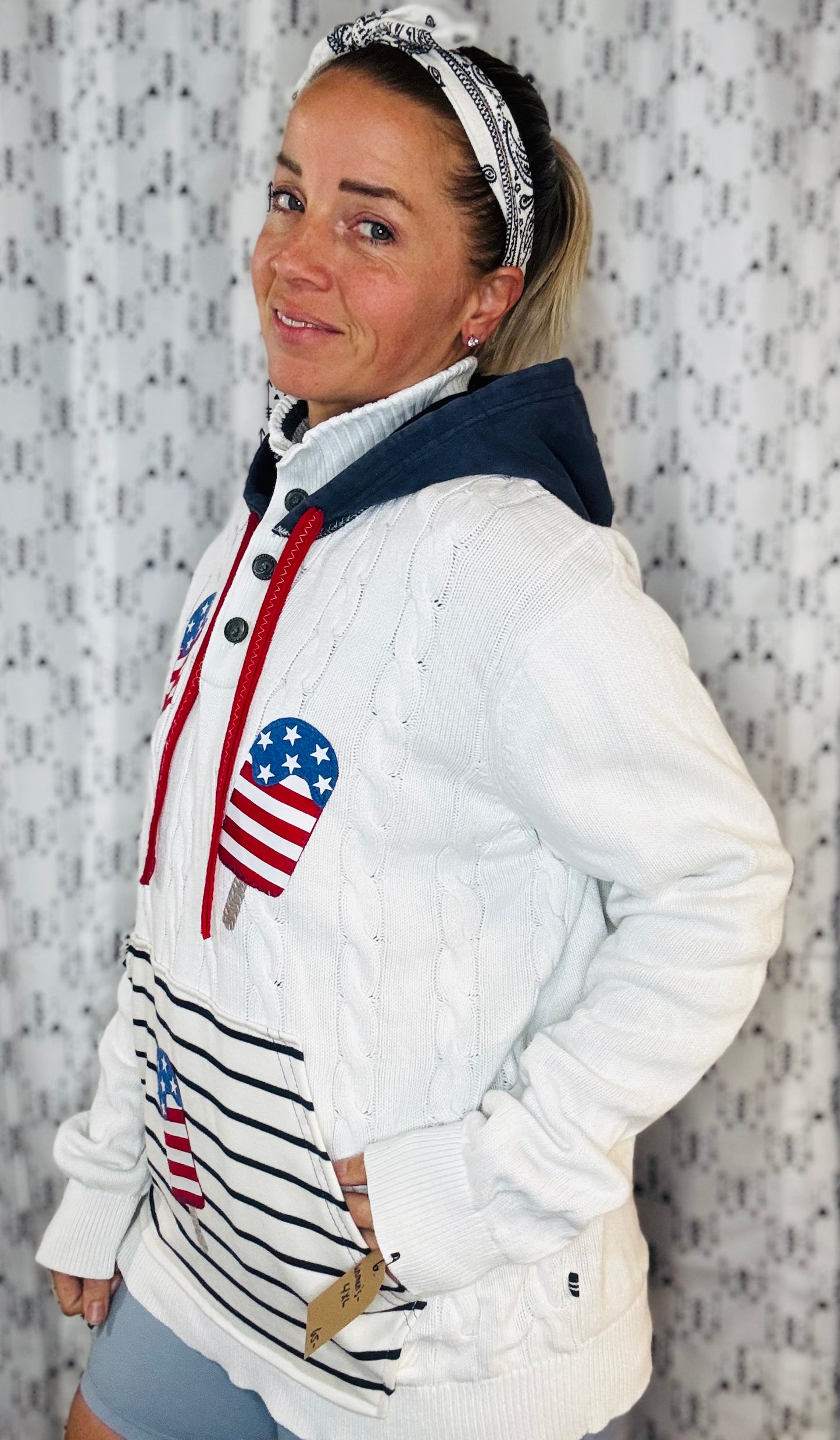 White USA Popsicle Cable Knit Sweater Hoodie Women's Size-XL/2X
