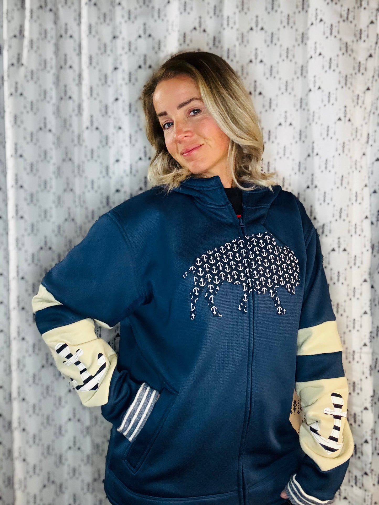Blue Nautical Buffalo Zip UpHoodie Unisex-L/XL