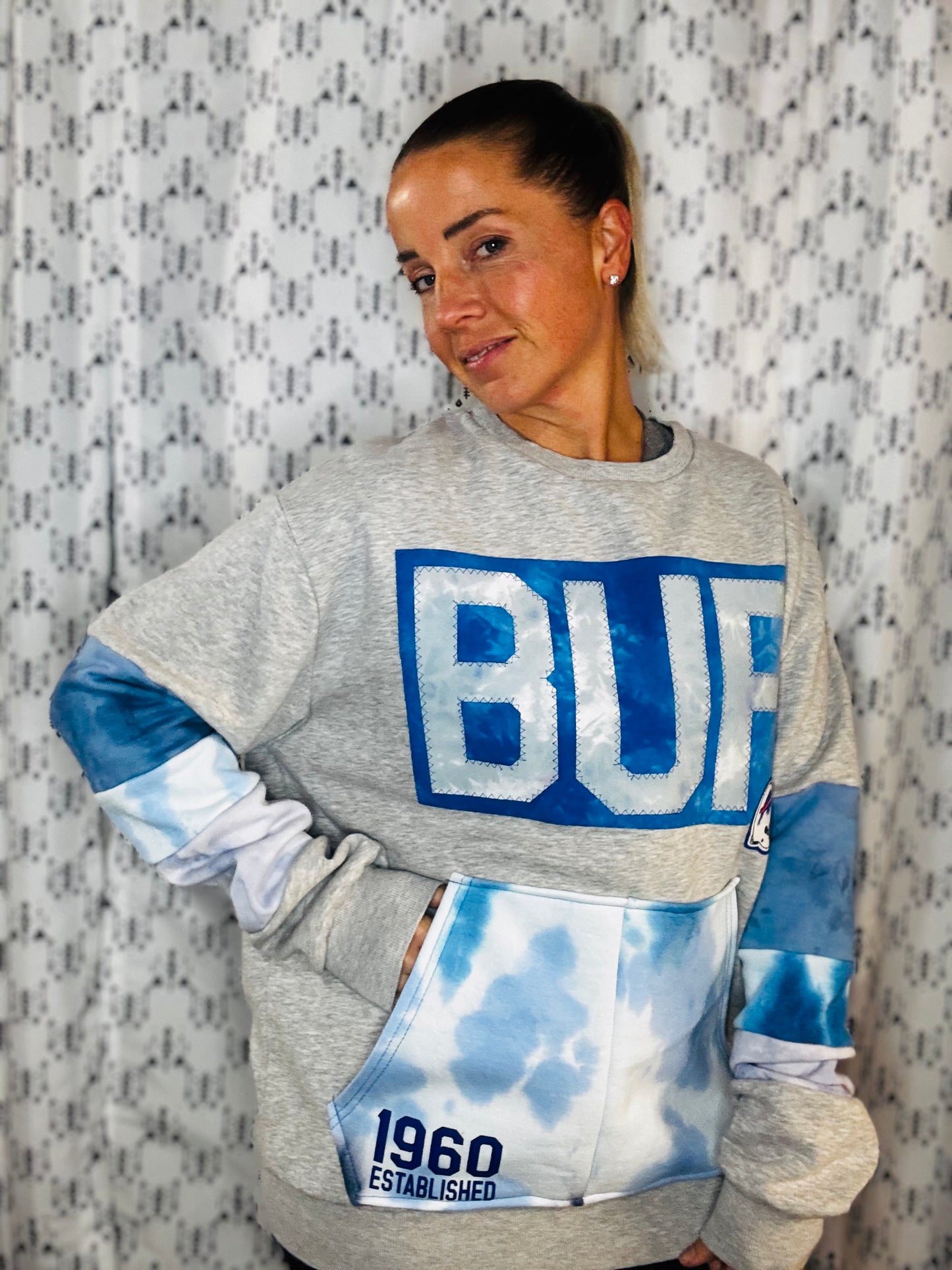 Grey W/ Tie Dye BUF Football Crewneck Unisex L/XL
