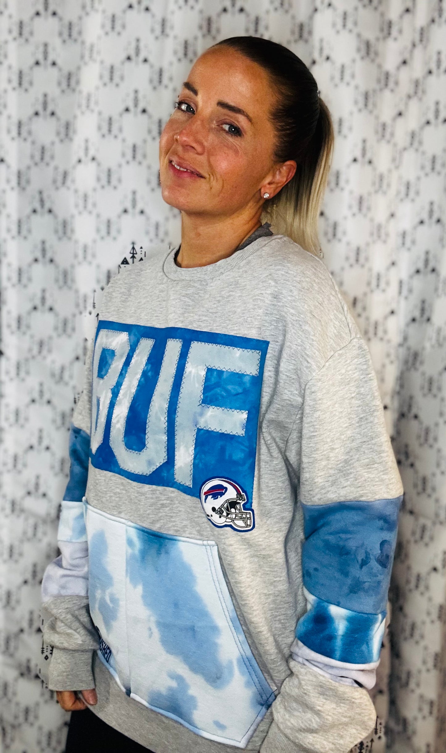 Grey W/ Tie Dye BUF Football Crewneck Unisex L/XL