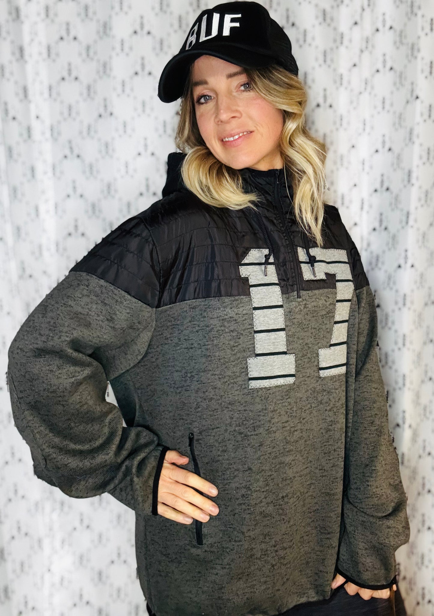 Grey Rocktober Allen #17 Buffalo 1/4 Zip Hoodie Size- Unisex L/XL