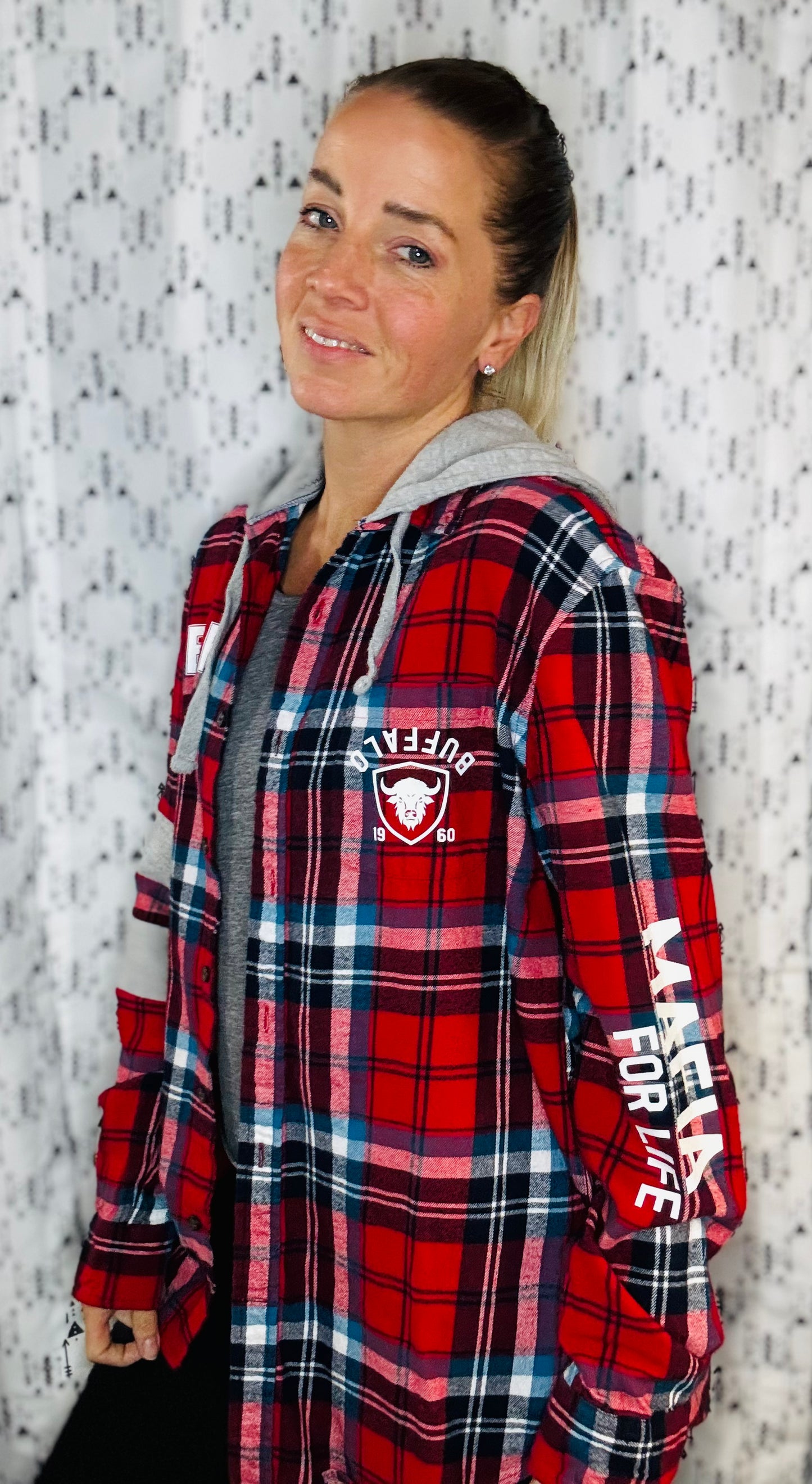 Red Plaid Hooded Buffalo Football Button Down Size- Unisex M/L