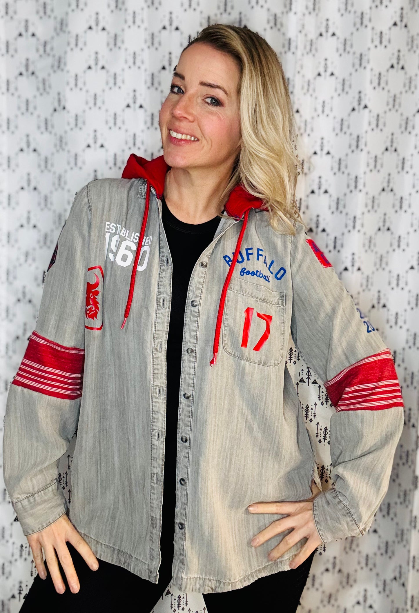 Grey Denim Hooded Buffalo Football Button-Up Size- Women's L/XL