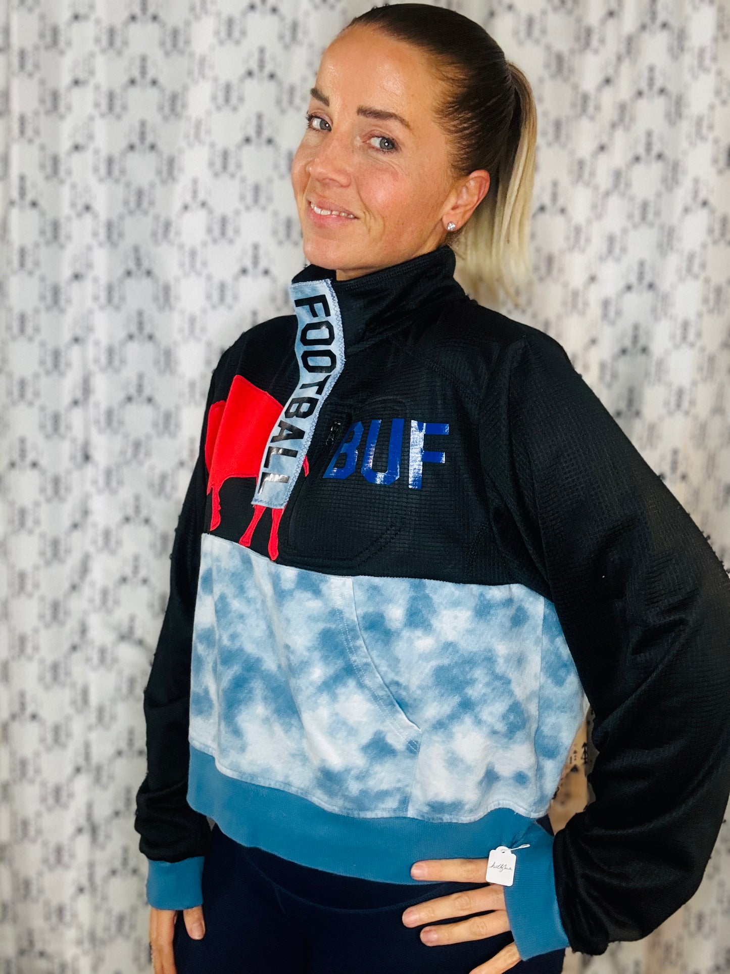 Black & Tie Dye 1/4 Zip Buffalo Football Crop Track Jacket Women's Size-L/XL