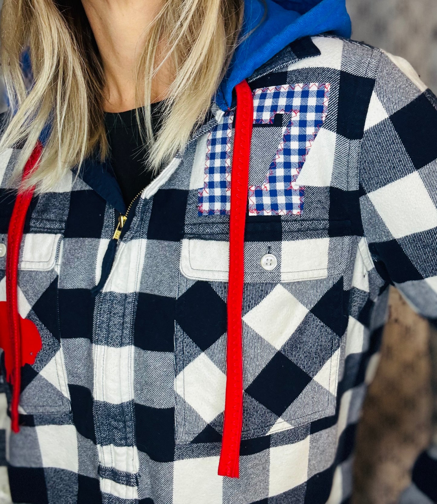 Blue & White Check Flannel Allen Football 1/2 Zip Size- Women’s L/XL
