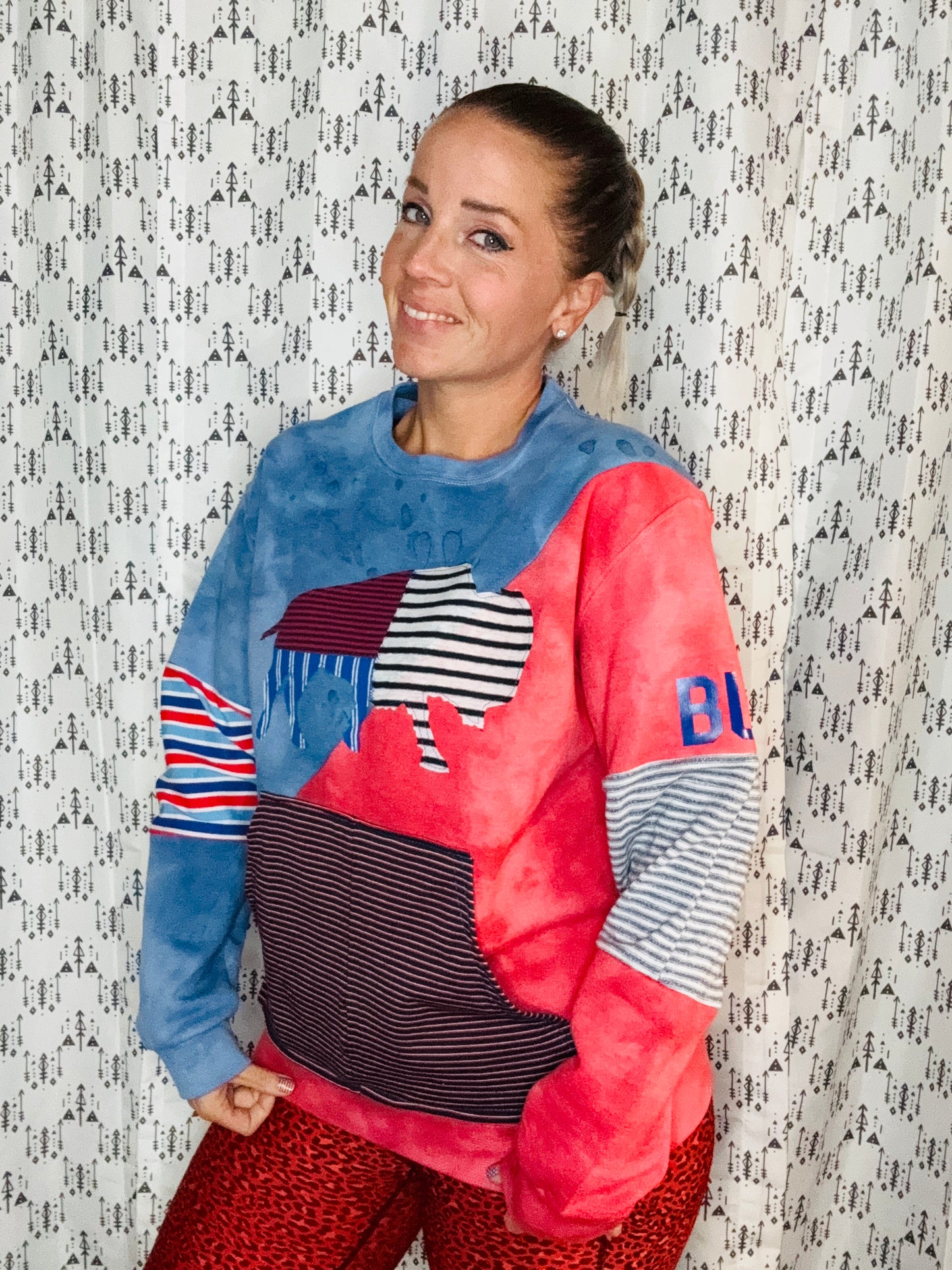 Blue & Red Tie Dye Buffalo Crewneck Unisex M/L