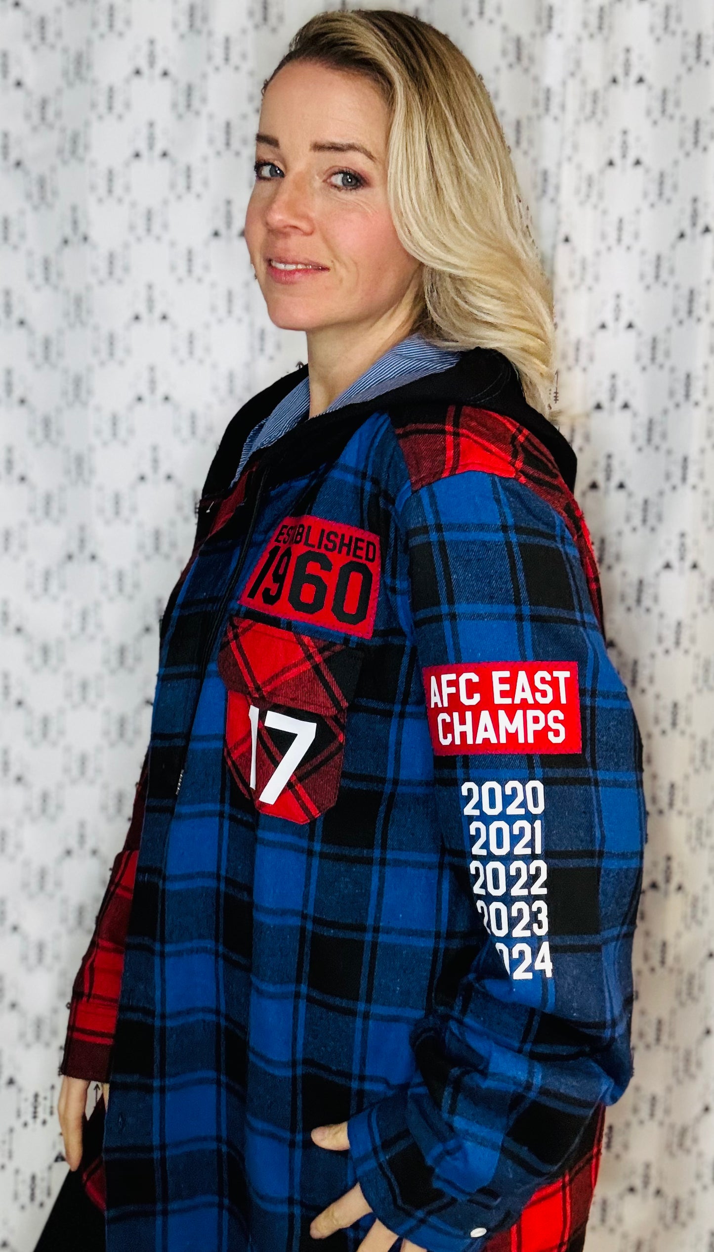 Red & Blue Buffalo Check Football Button-Up Flannel Size- Unisex XL/2X