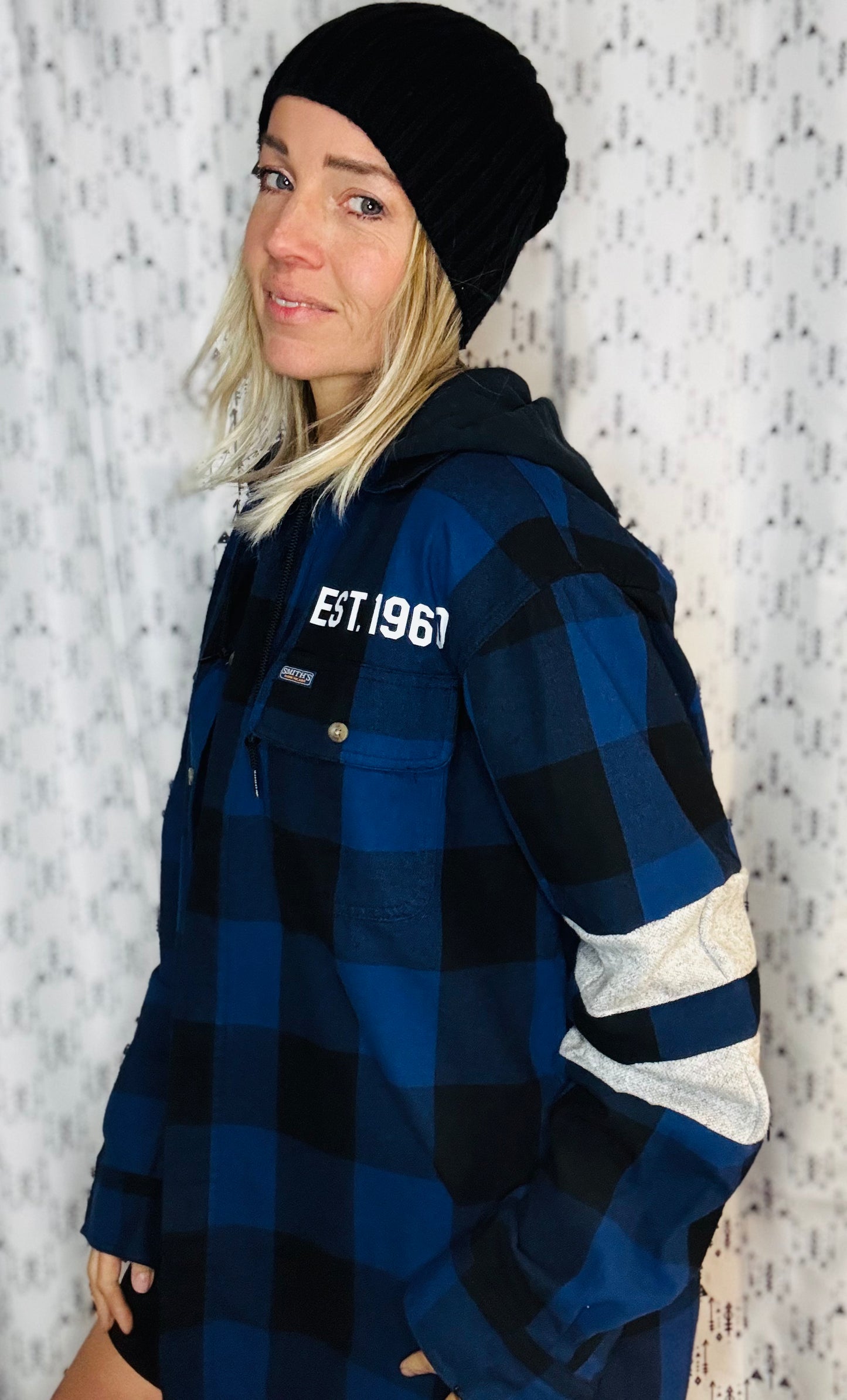 Blue & Black Buffalo Check Football Button-Up Flannel Size- Unisex L/XL