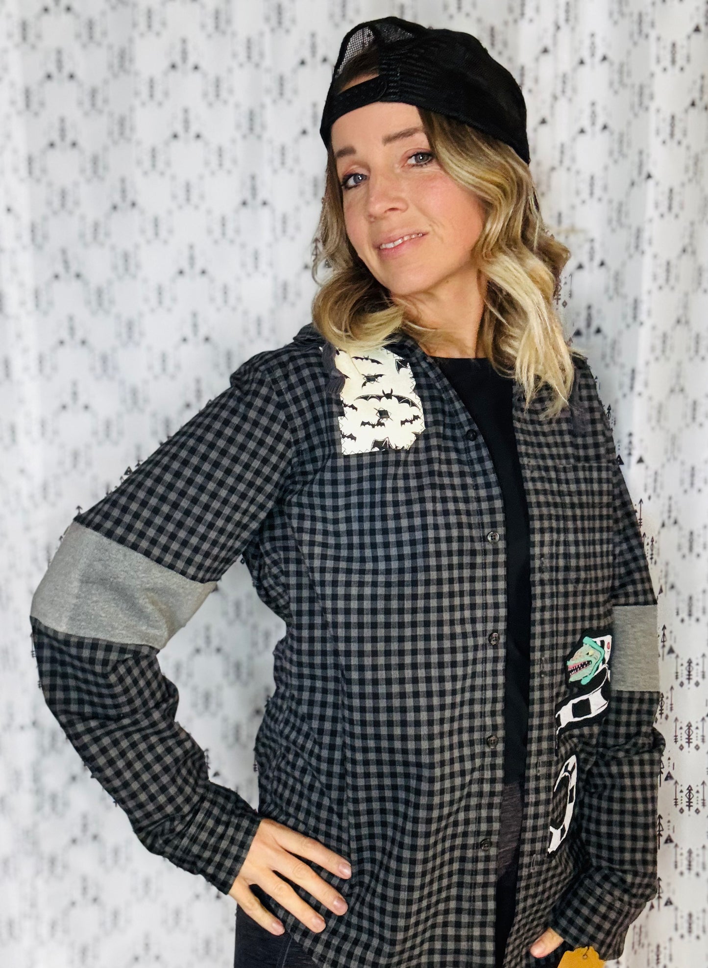Halloween Meets Buffalo Button-UP Flannel Hoodie Size- Unisex M/L