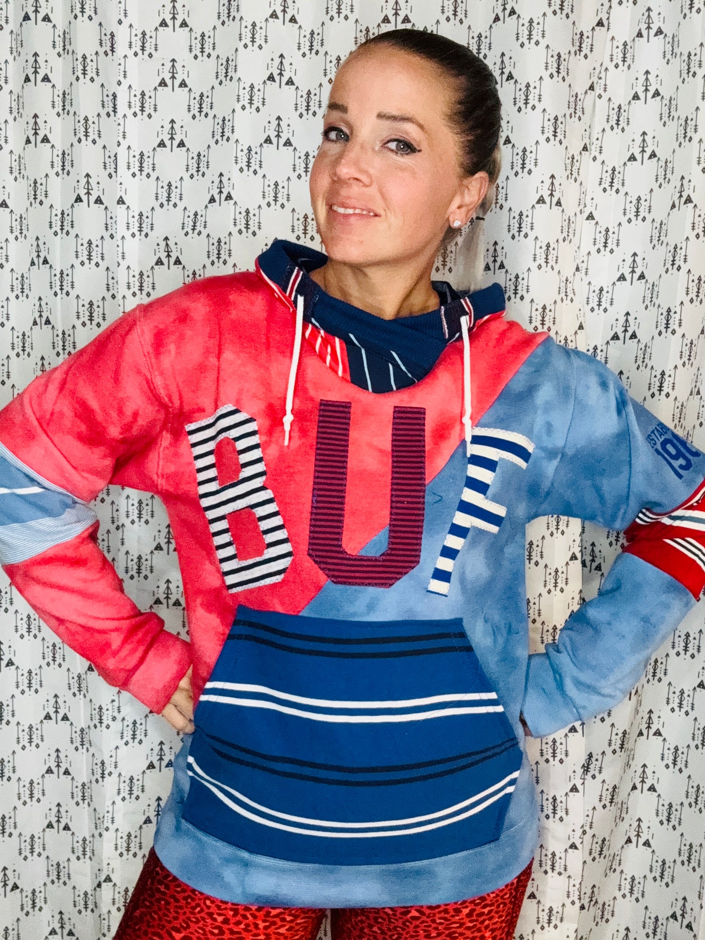 Red & Blue Tie Dye Color BUF Hoodie Unisex-M/L