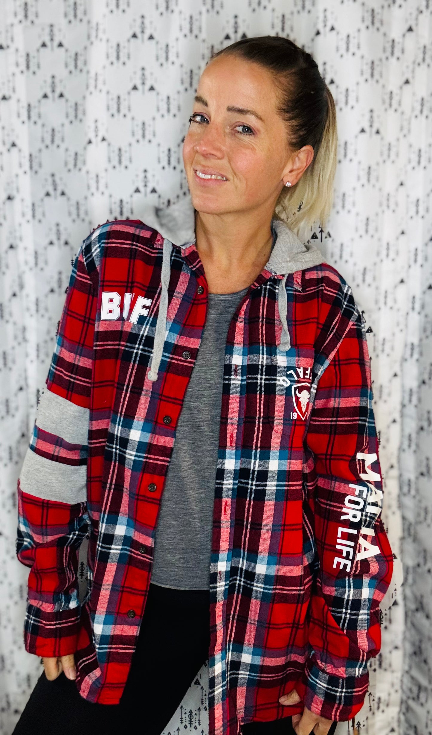 Red Plaid Hooded Buffalo Football Button Down Size- Unisex M/L