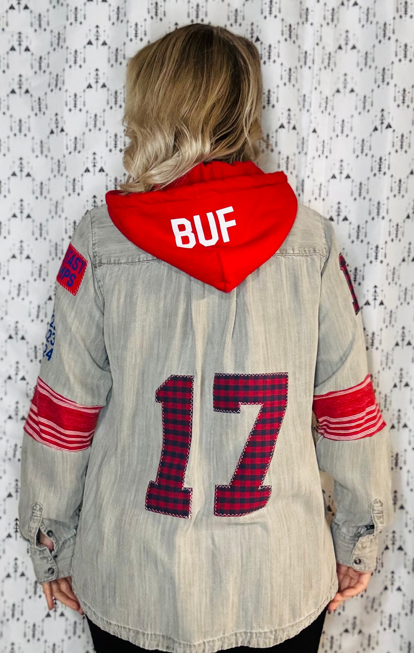 Grey Denim Hooded Buffalo Football Button-Up Size- Women's L/XL