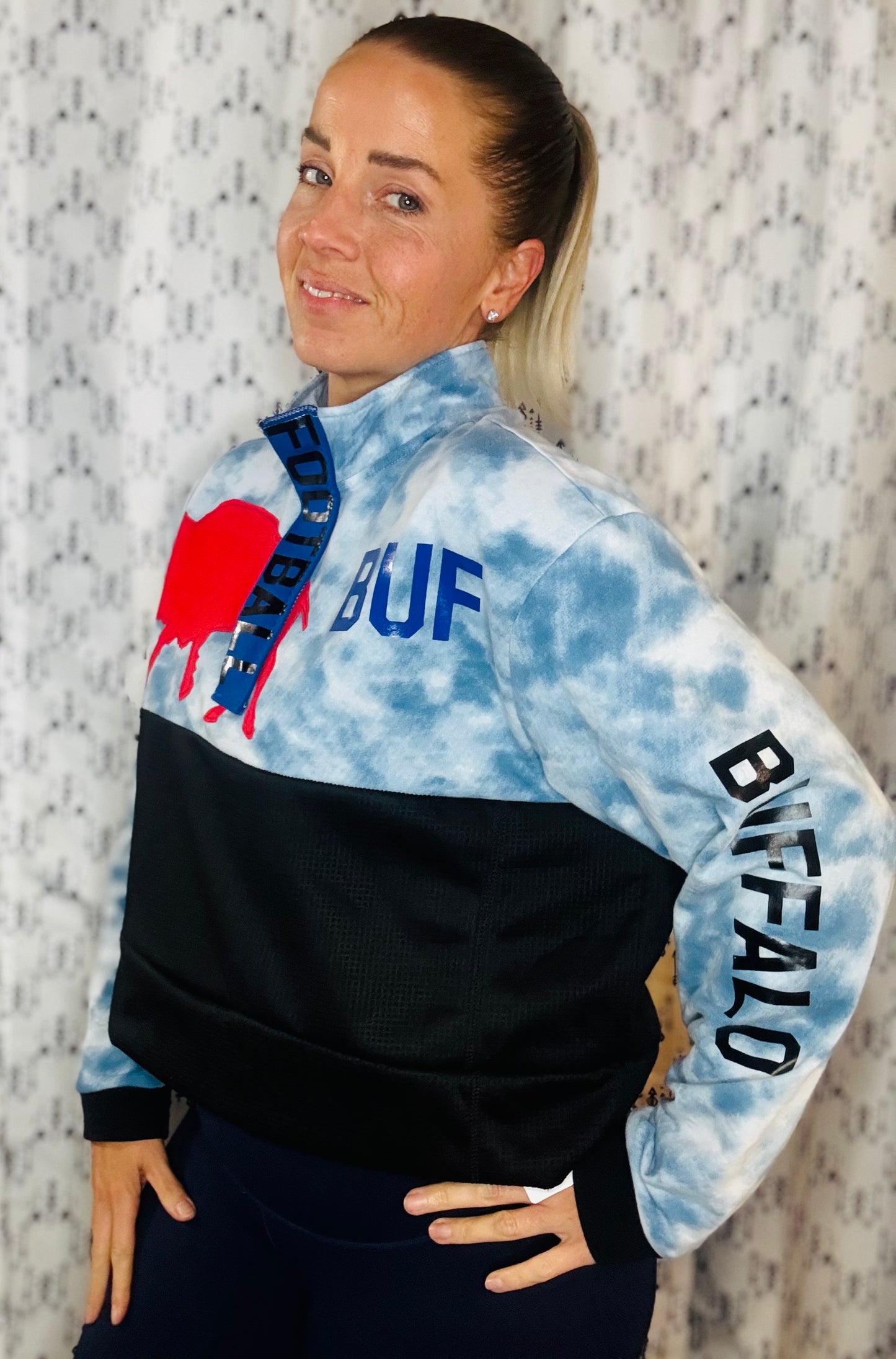 Blue Tie Dye & Black 1/4 Zip Buffalo Football Crop Track Jacket Women's Size-XL/2X