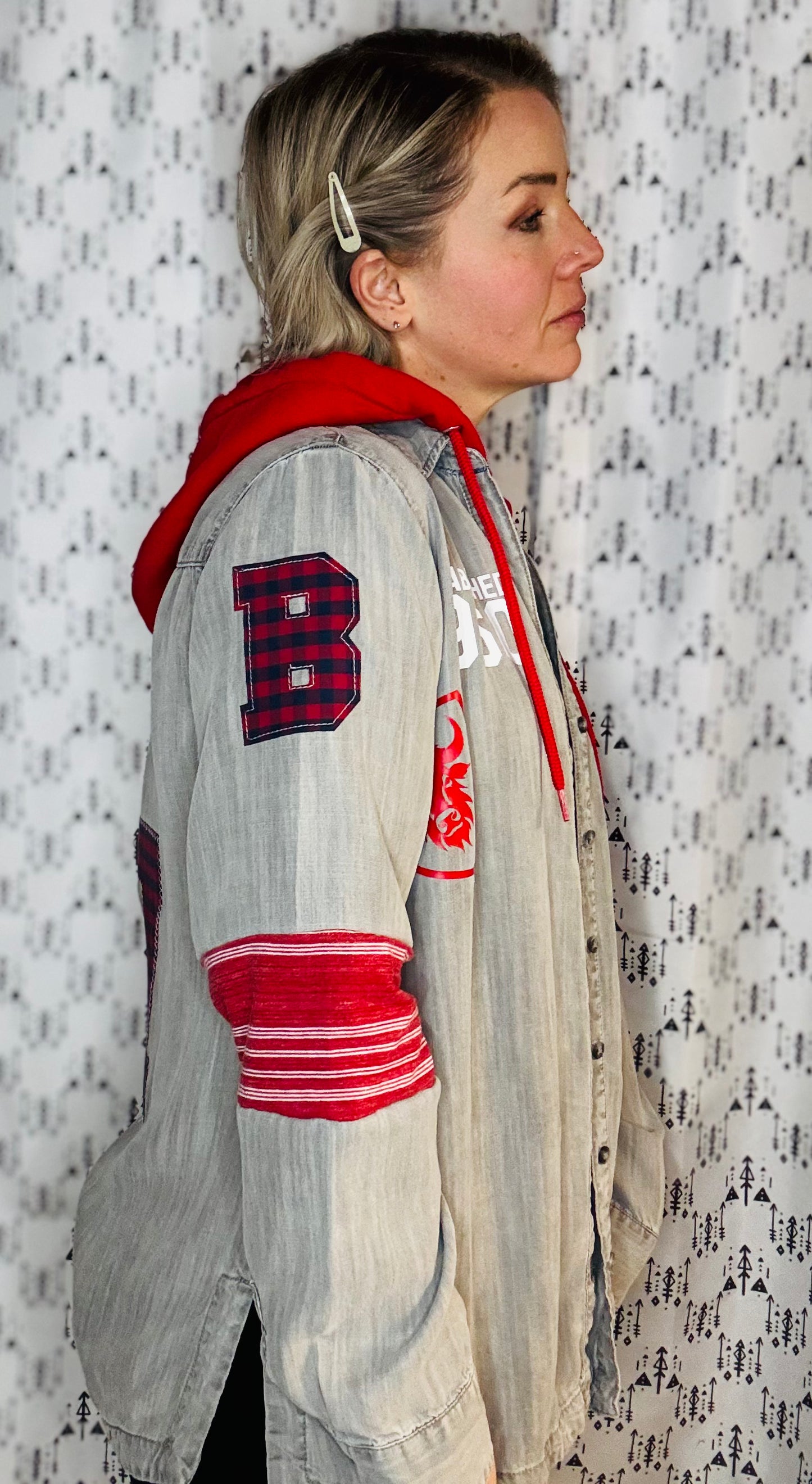 Grey Denim Hooded Buffalo Football Button-Up Size- Women's L/XL