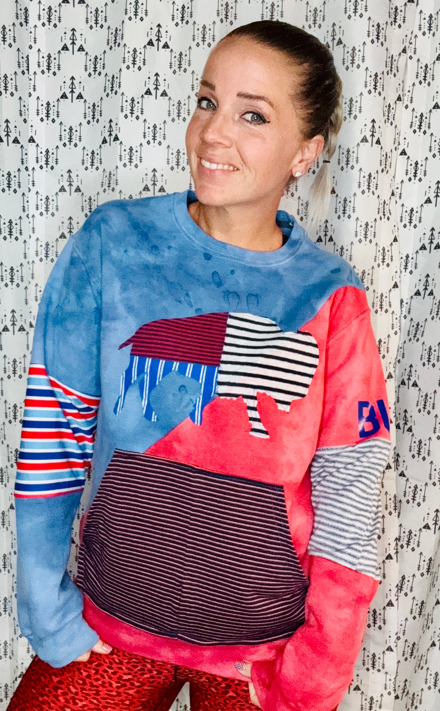 Blue & Red Tie Dye Buffalo Crewneck Unisex M/L