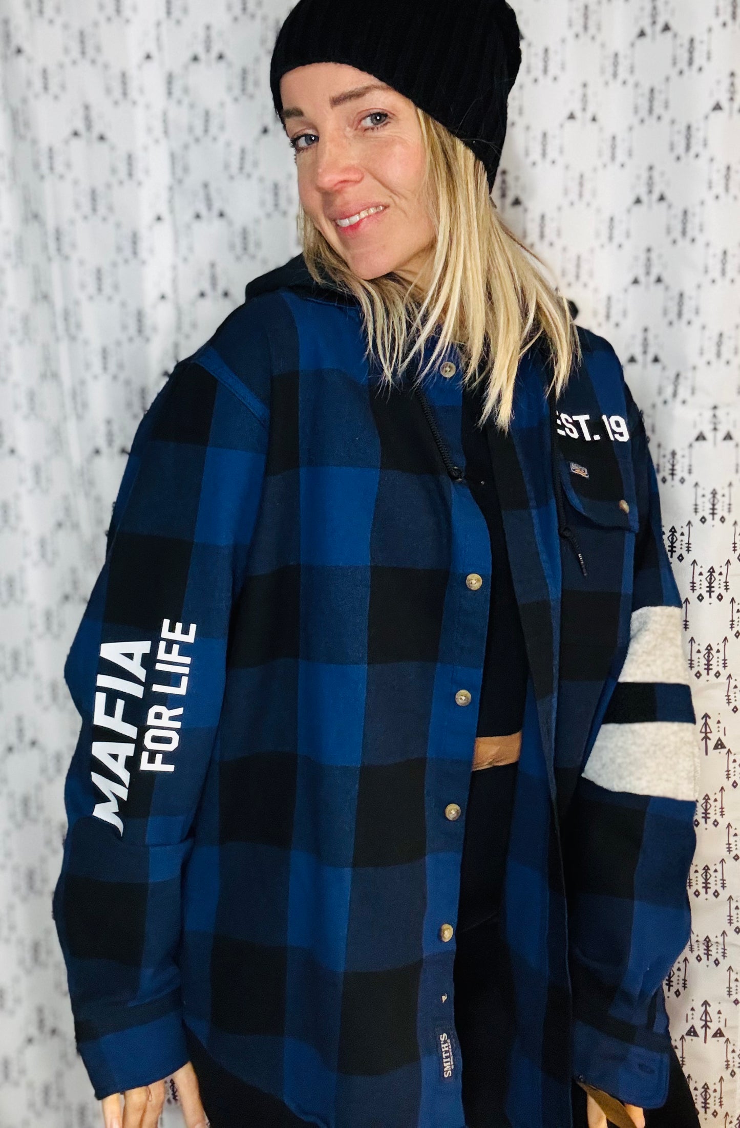 Blue & Black Buffalo Check Football Button-Up Flannel Size- Unisex L/XL