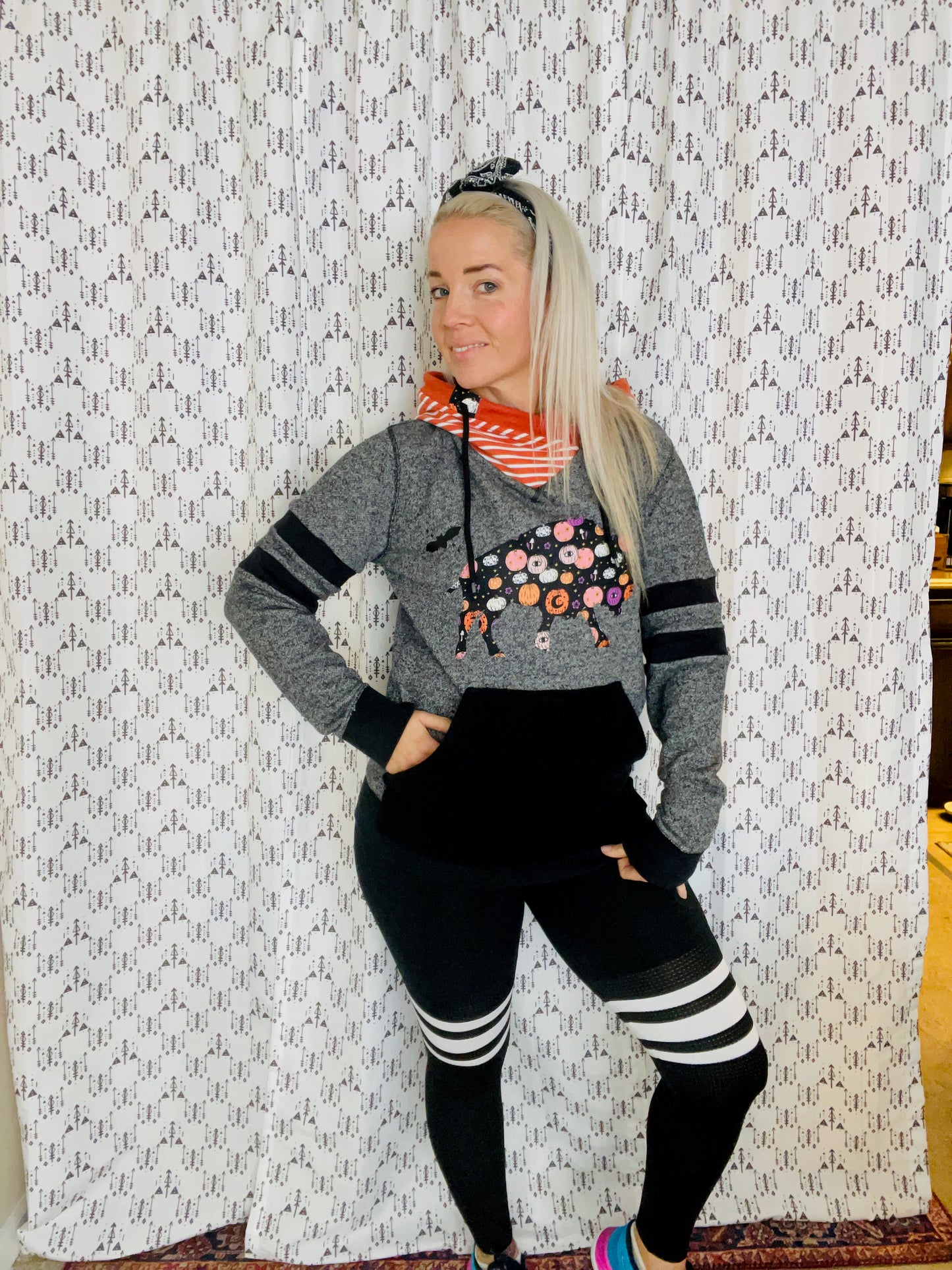 Grey Spooky Buffalo Hoodie Size- Unisex S/M