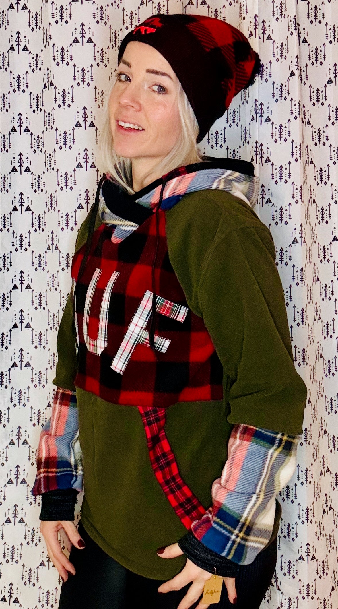 Olive & Plaid Explosion Hoodie Size- Unisex M/L