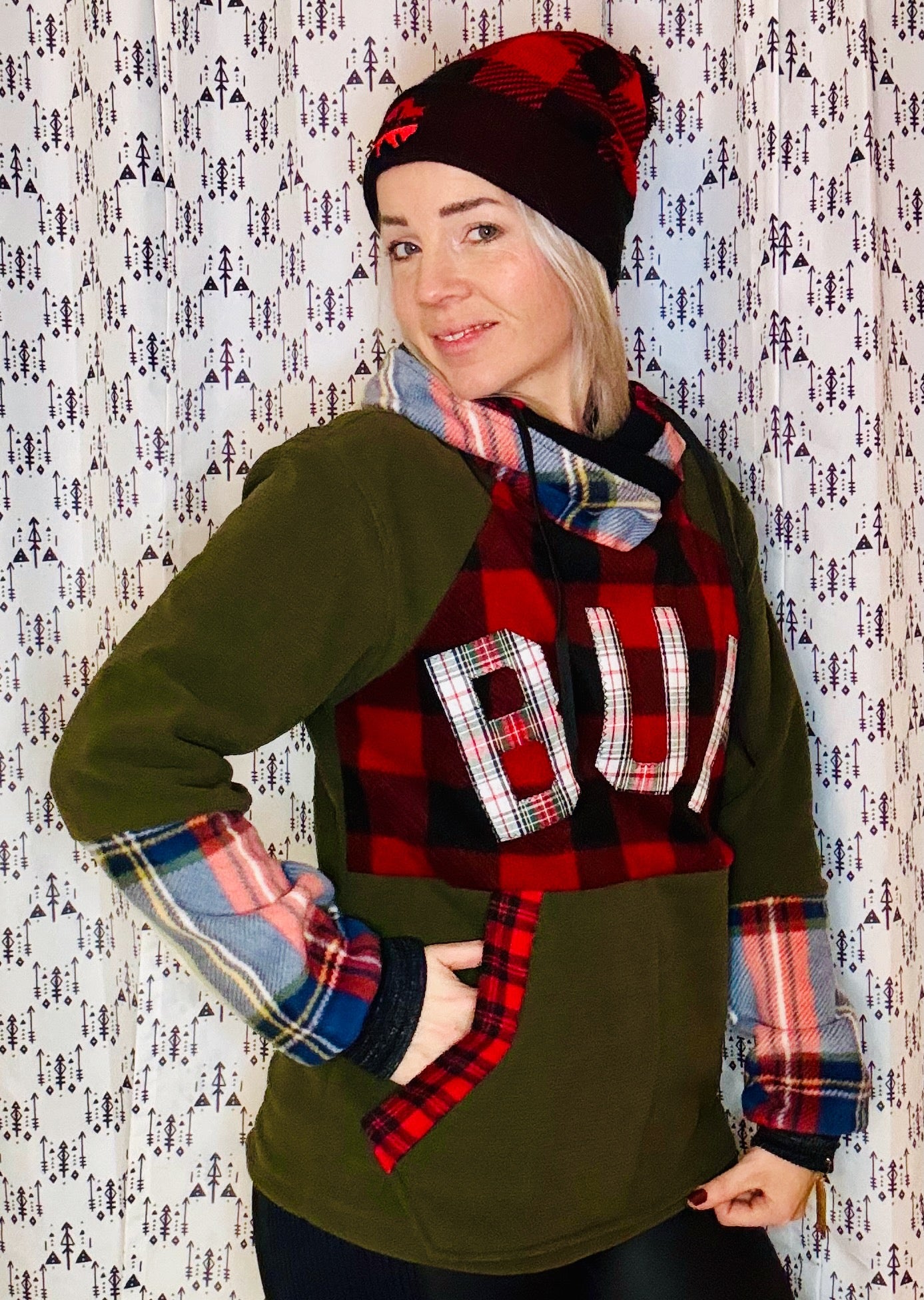 Olive & Plaid Explosion Hoodie Size- Unisex M/L