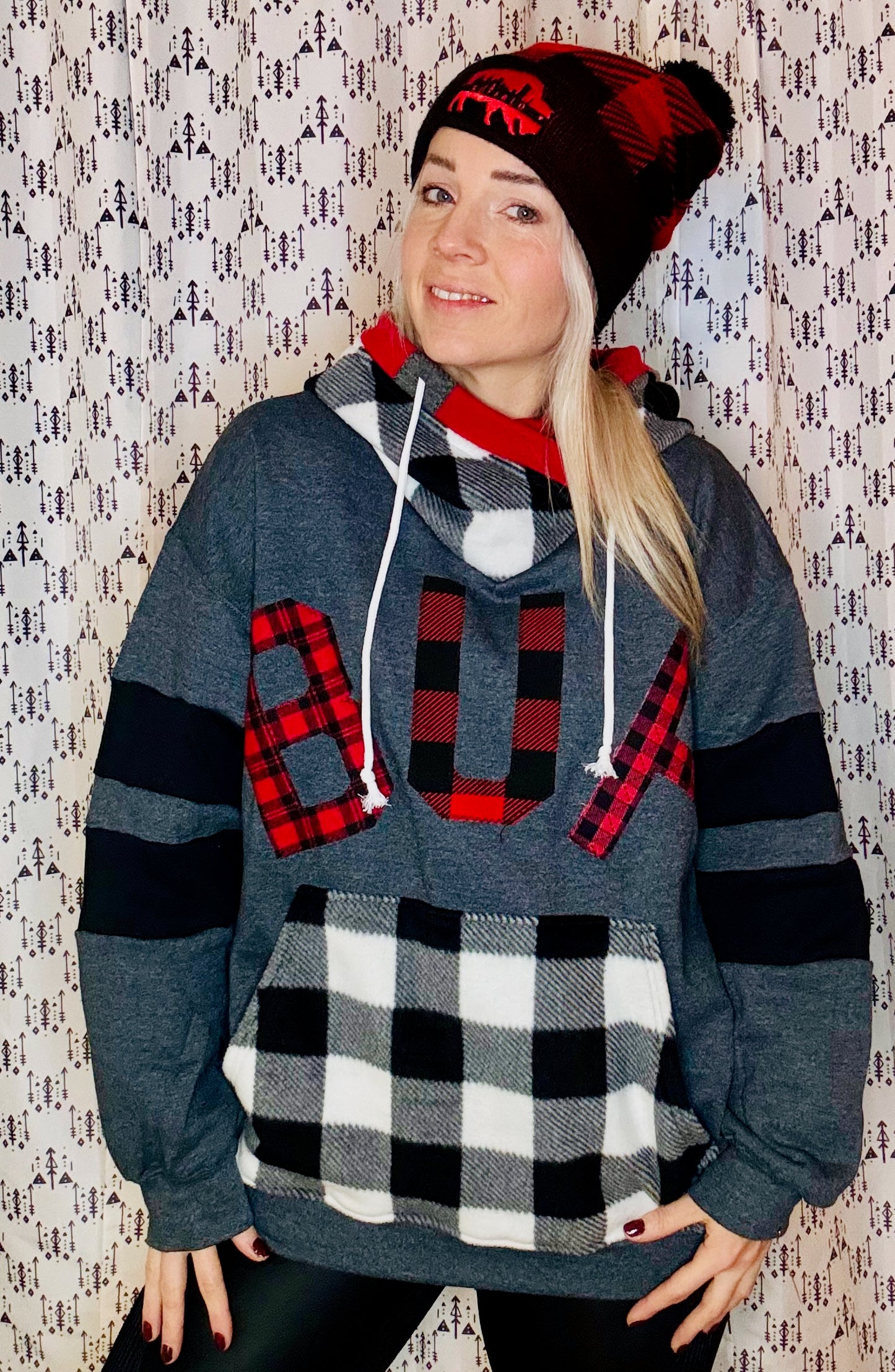 Charcoal Grey & Plaid BUF Hoodie Size- Unisex L/XL