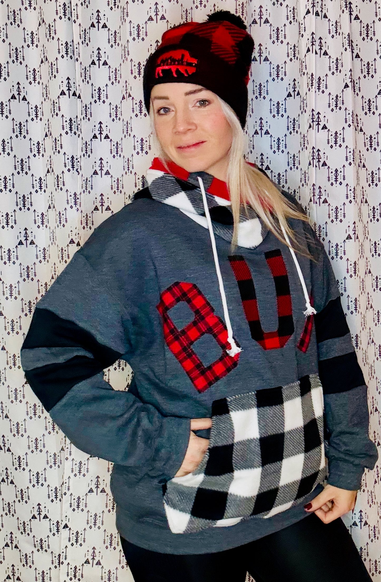 Charcoal Grey & Plaid BUF Hoodie Size- Unisex L/XL