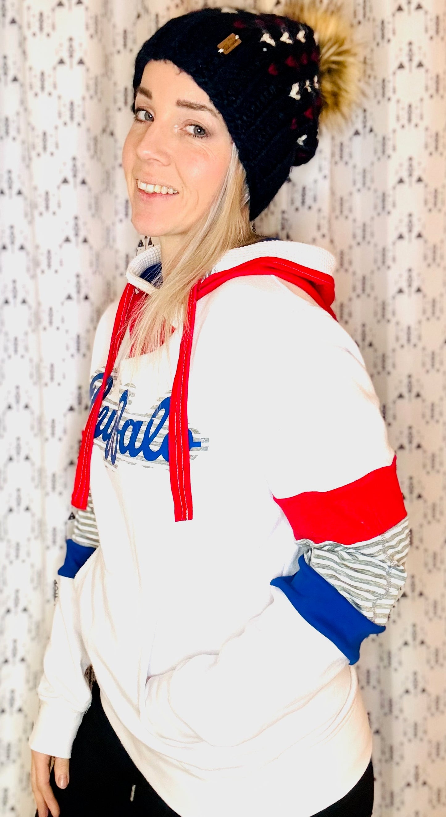 White and Grey Striped Buffalo Football Hoodie Size- Women's M/L