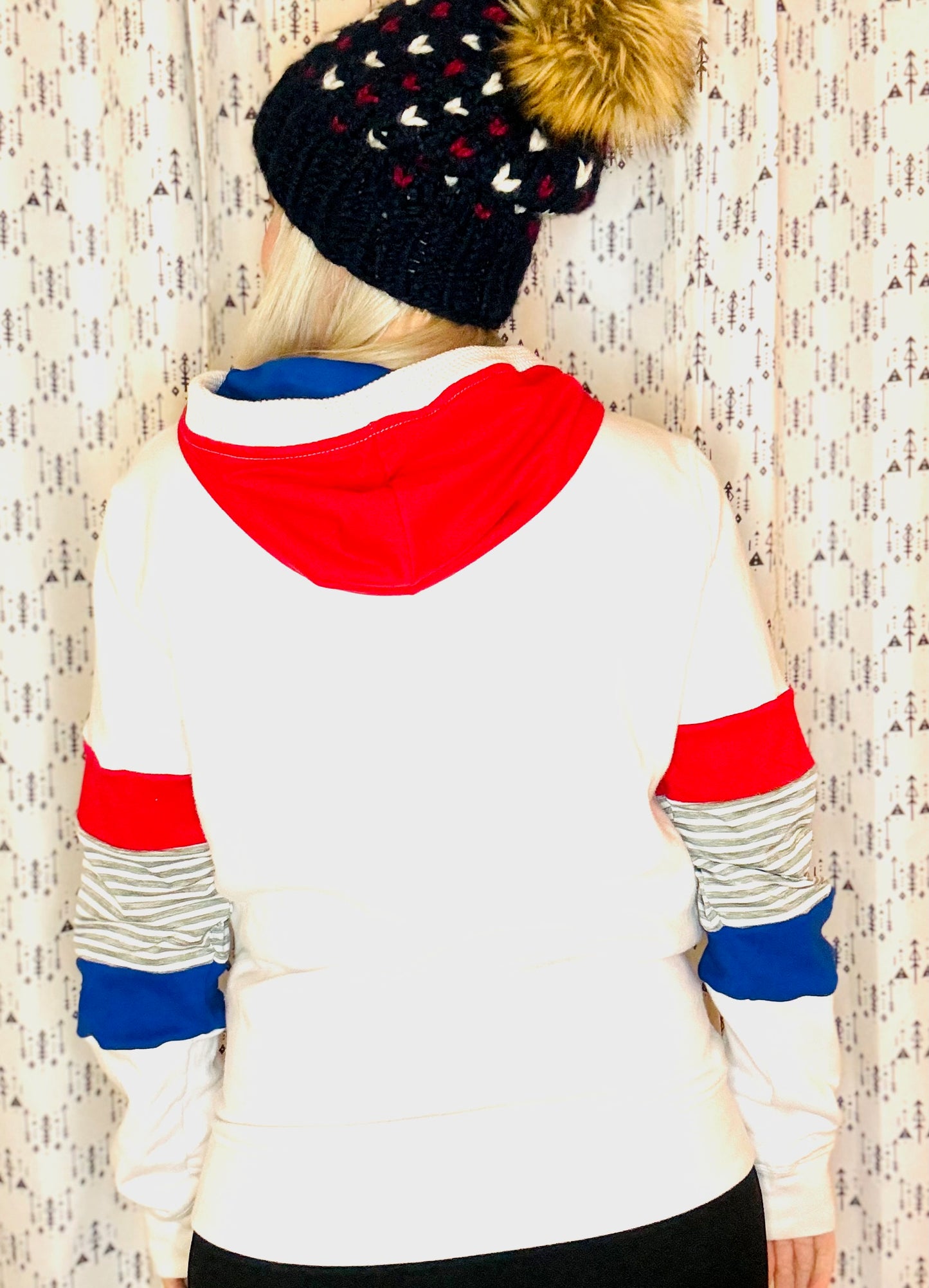White and Grey Striped Buffalo Football Hoodie Size- Women's M/L