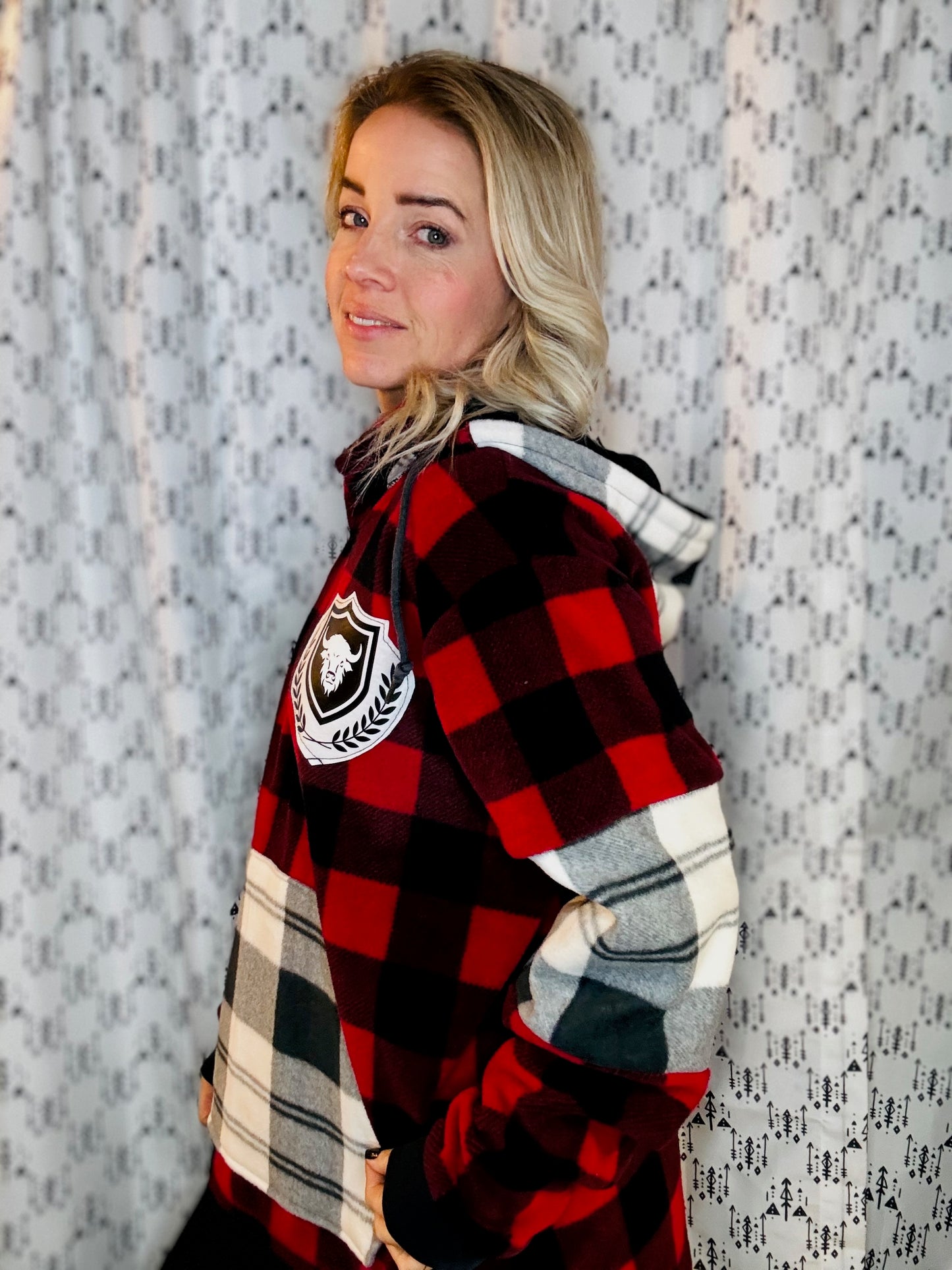 Red Plaid 1/4 Zip Buffalo Hooded Fleece Unisex- L/XL