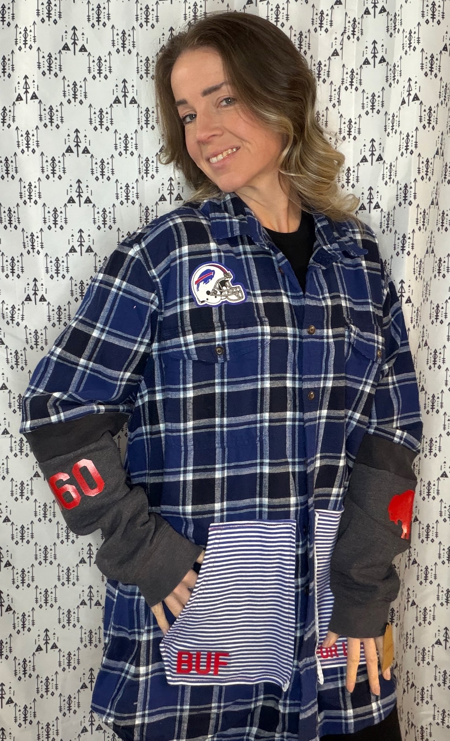 Blue Plaid Buffalo Football Button Up Size Unisex- L/XL