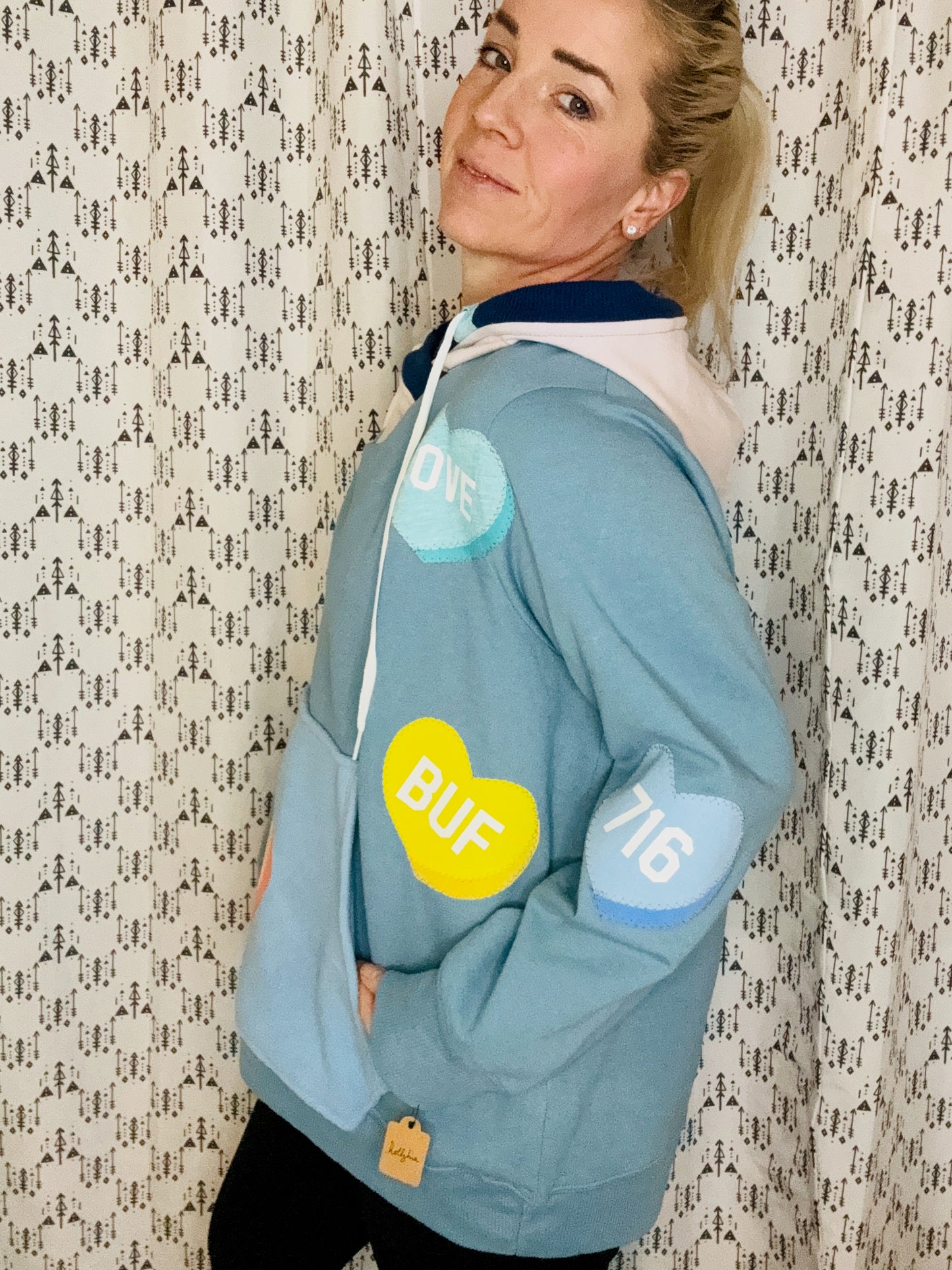 Slate Blue All-Over Buffalo Conversation Heart Hoodie Size- Women's 2X