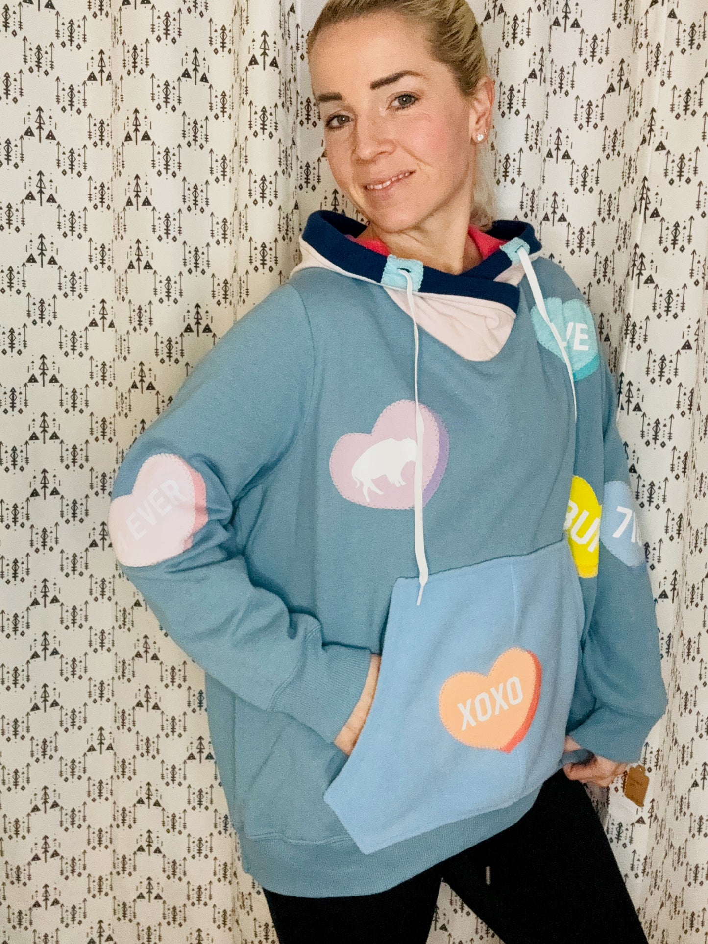 Slate Blue All-Over Buffalo Conversation Heart Hoodie Size- Women's 2X