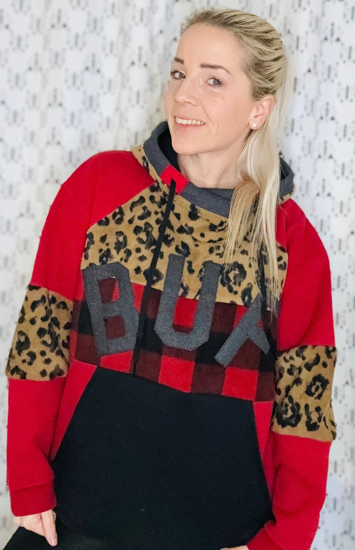 Red Plaid & Leopard BUF Hoodie Size- Women's L/XL
