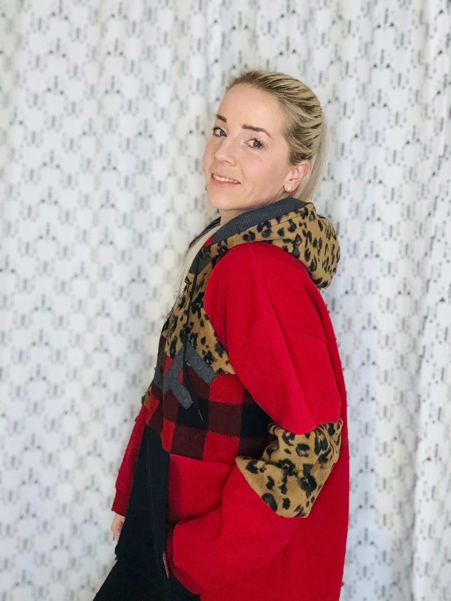 Red Plaid & Leopard BUF Hoodie Size- Women's L/XL