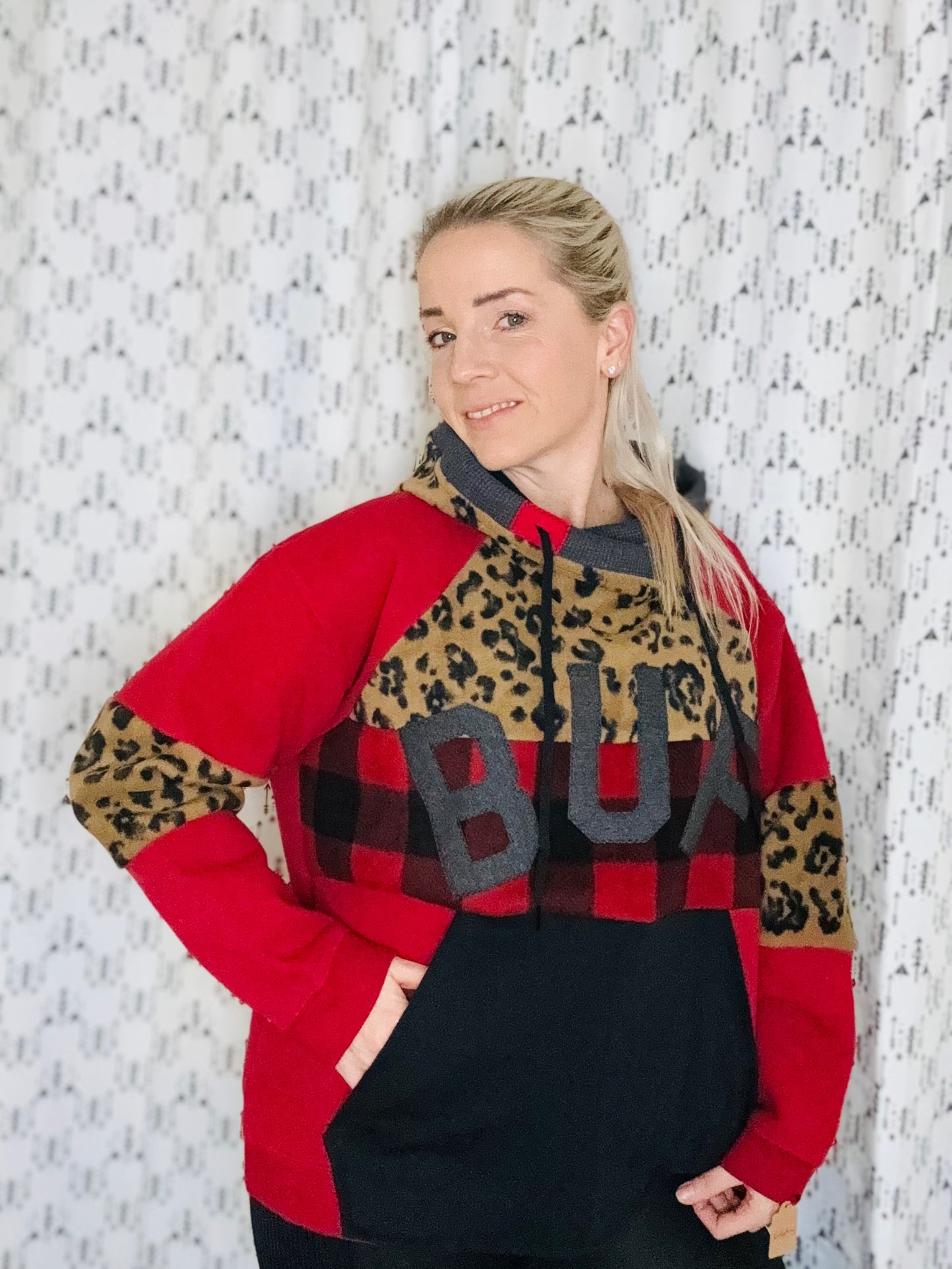 Red Plaid & Leopard BUF Hoodie Size- Women's L/XL