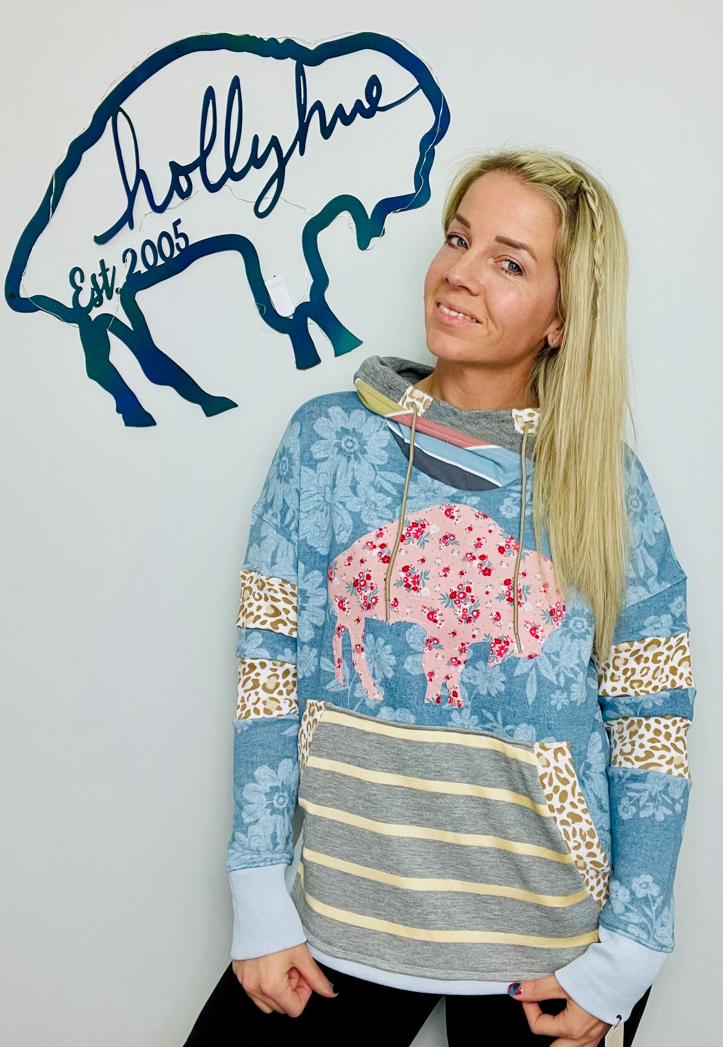 Blue Denim Floral Throwback Buffalo Hoodie Size- Women's M/L